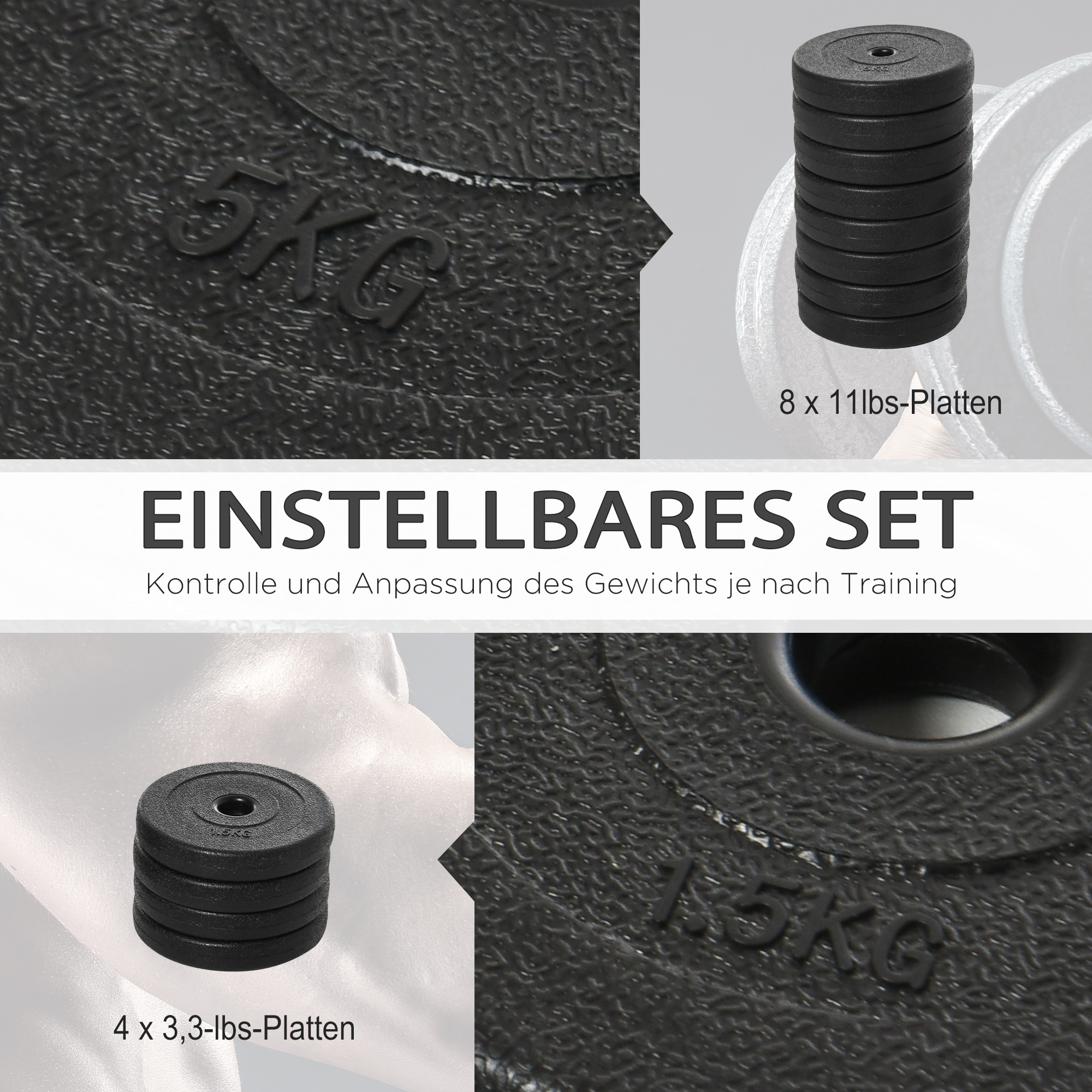 Kurzhantel-Set 8 x 5 kg, 4 x 1,5 Hantelscheiben mit Kunststoffhülle, bodenschonend, Schwarz