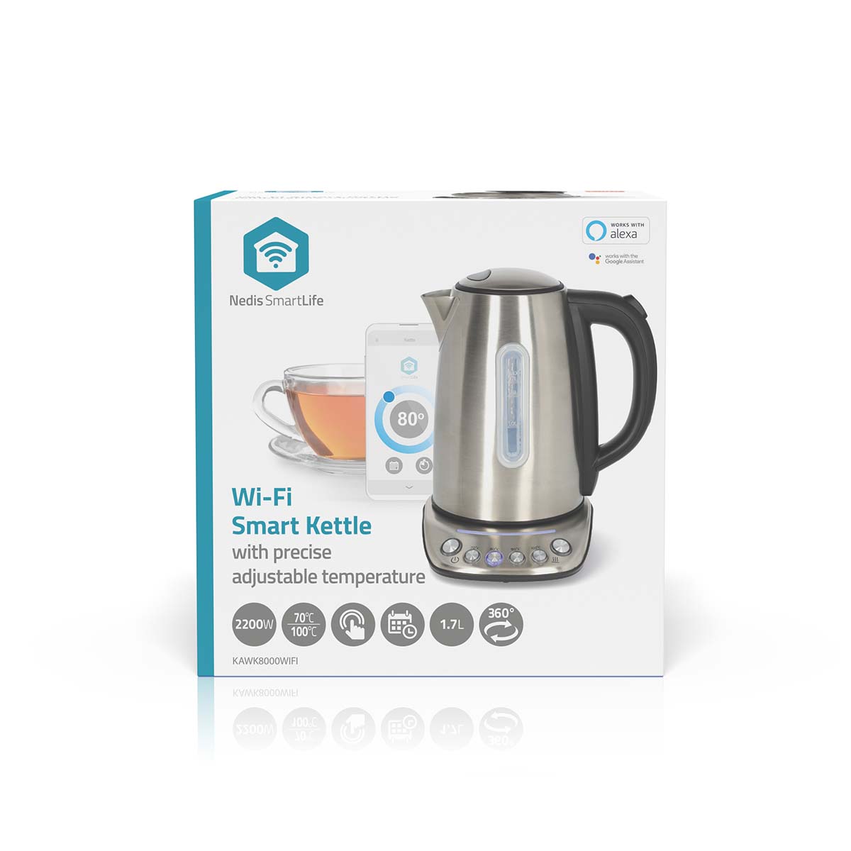 SmartLife Wasserkocher | Wi-Fi | 1.7 l | Edelstahl | 70,80,90,100 °C | Temperaturanzeige | Um 360 Grad drehbar | Verdecktes Heizelement | Strix Controller | Android? / IOS