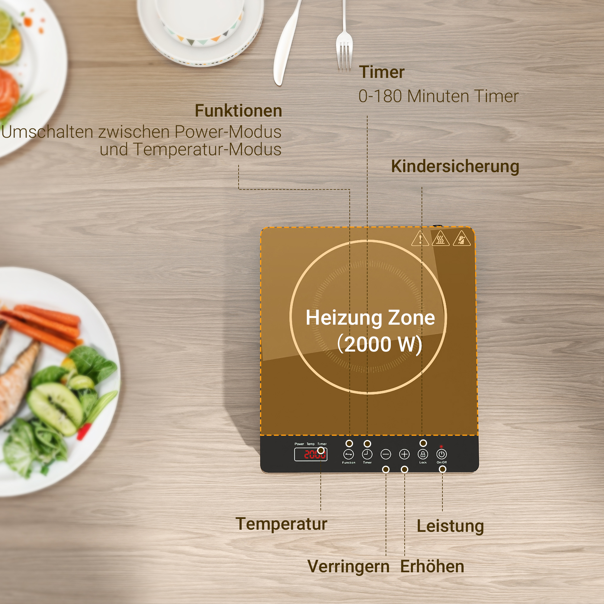 Kochplatte, Induktionskocher mit 10-Stufen-Temperatur, Touchpanel, Schwarz