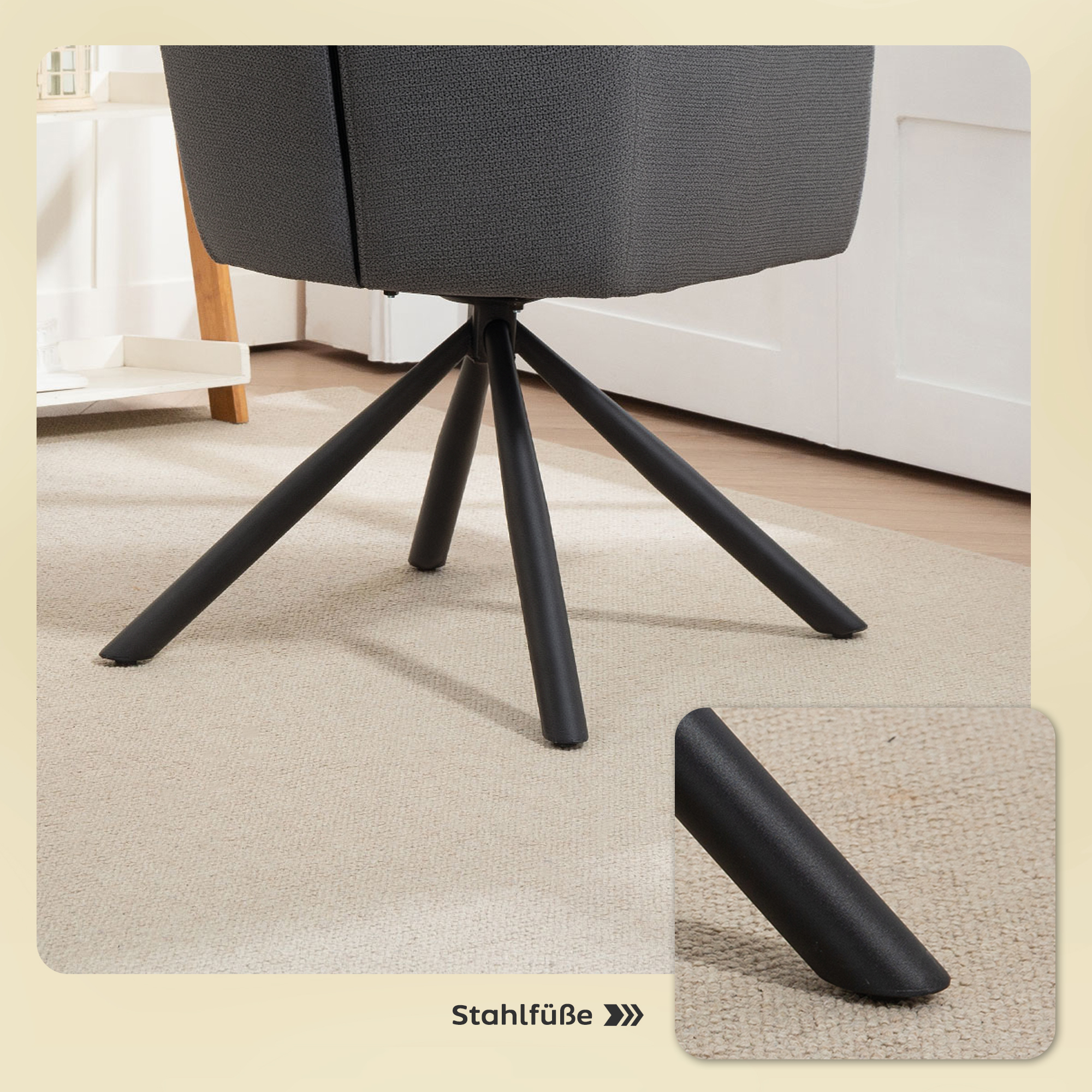 Gepolsterter Esszimmerstuhl, Küchenstuhl mit dicker Polsterung, Armlehnen, Metallbeine, Grau