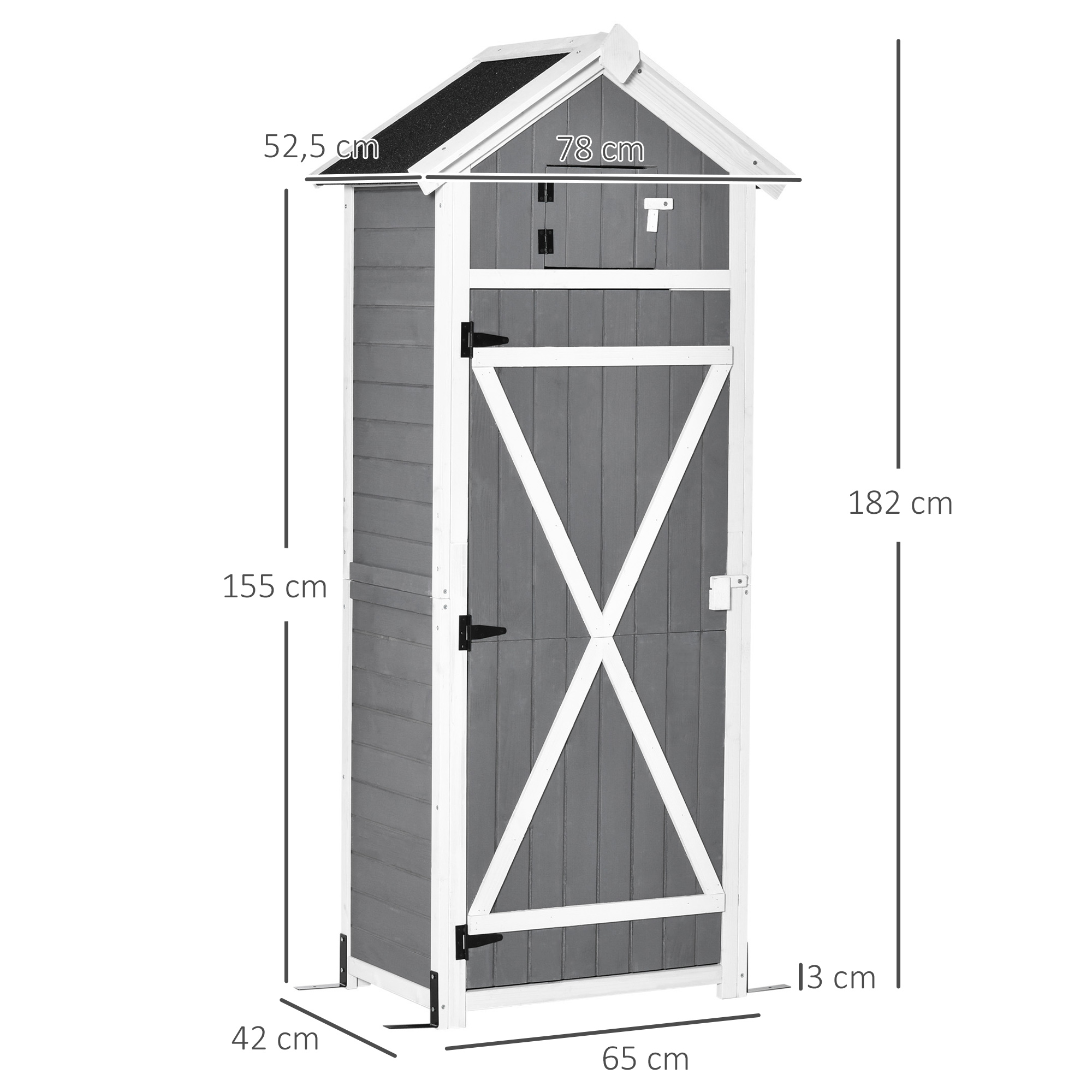 Gartenschrank Holz, Geräteschuppen wetterfest 78x52,5x182cm, Gerätehaus mit Tür, Satteldach, Geräteschrank mit Haken, faltbar Tisch, Werkzeugschrank Gartenschuppen für Garten, Terrasse, Grau