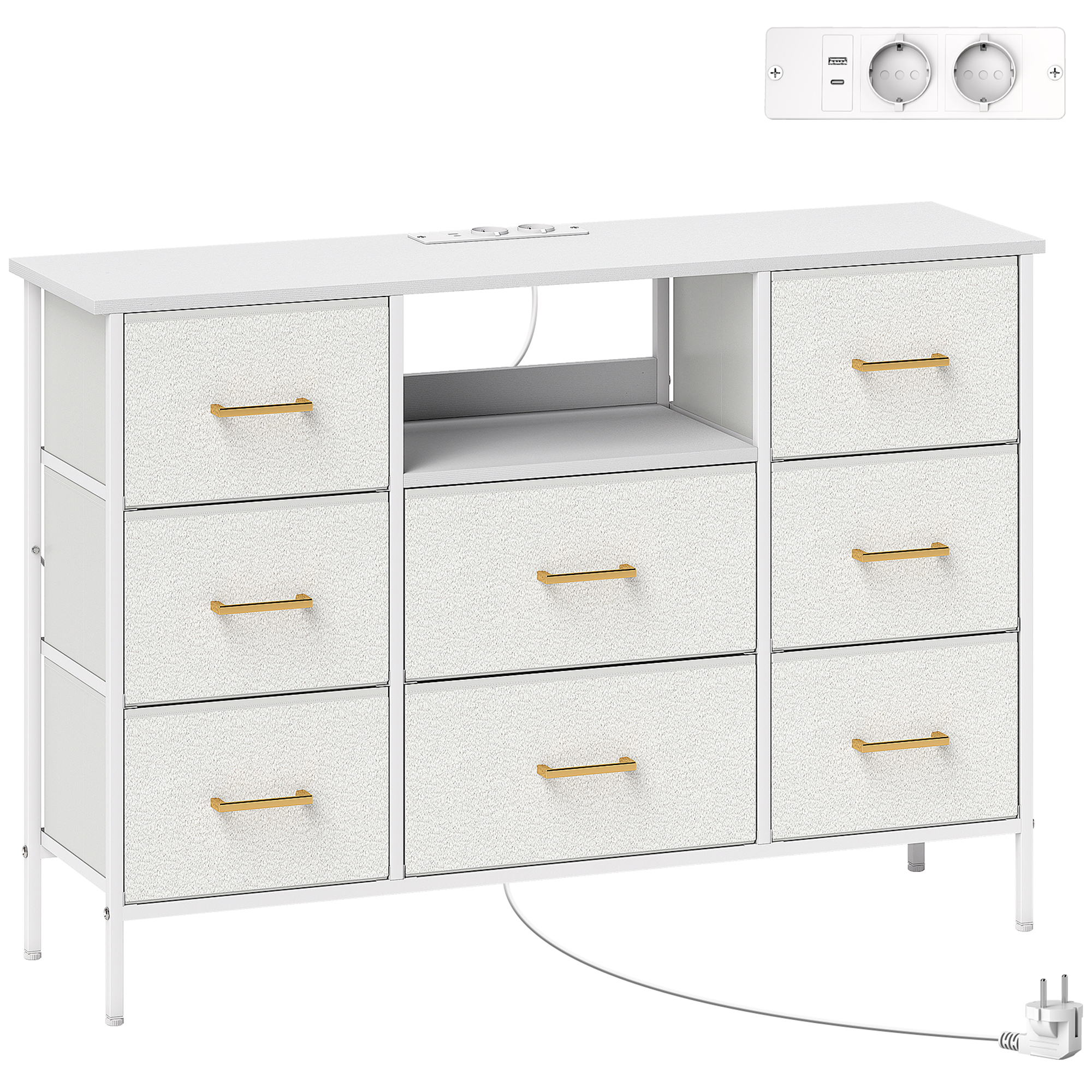 Kommode, Aufbewahrungsschrank mit 8 Schubladen aus Stoff, Steckdosenleiste, Stahlrahmen, Schubladenschrank für Flur, Schlafzimmer, Wohnzimmer und Büro, Cremeweiß