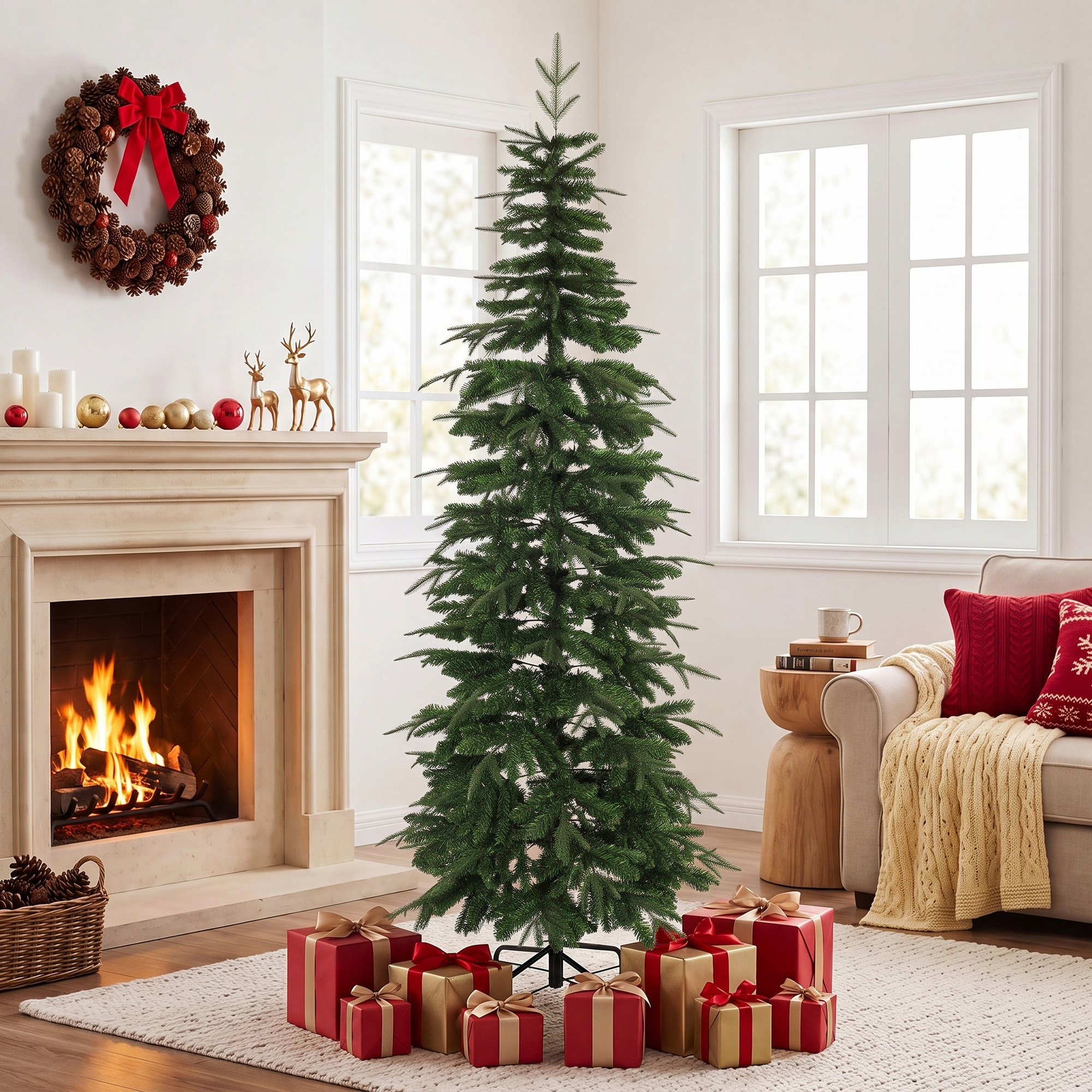 künstlicher Weihnachtsbaum 210 cm, Fichte mit Scharnierästen, 800 Astspitzen, klappbarer Stahlständer, Grün