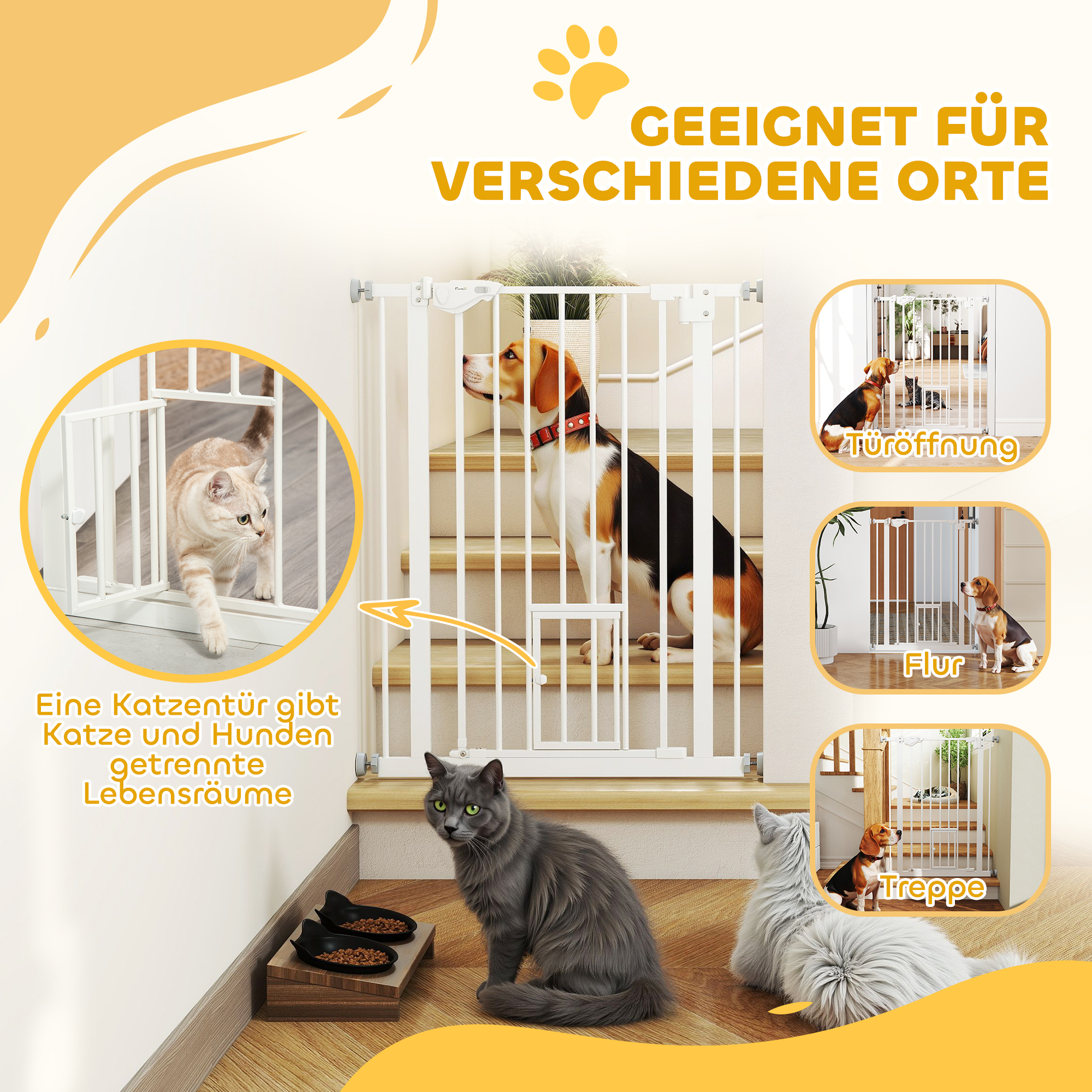 Türgitter mit Katzenklappe, Montage ohne Bohren, variable Breite 74-80 cm, einhändiges Öffnen, Metall, Weiß