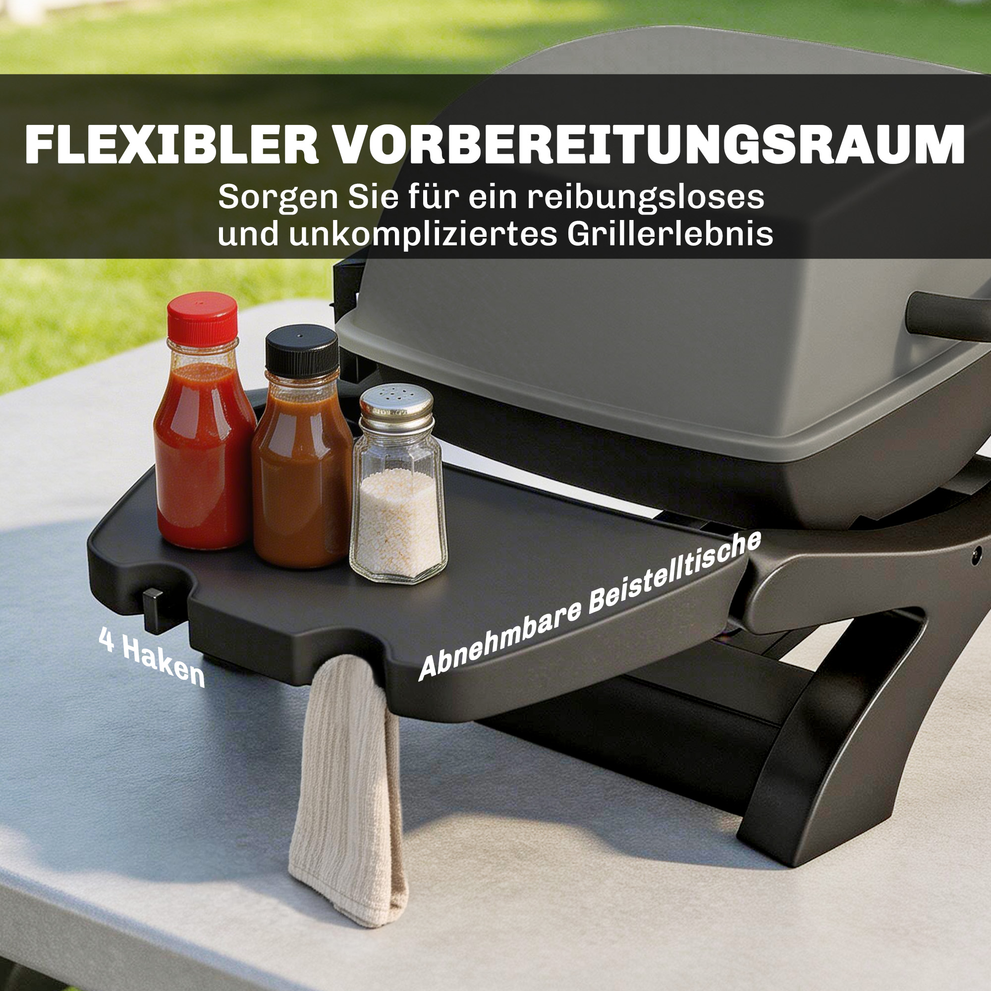 Gasgrill 3,3 KW Tischgrill mit 1 Brenner klappbar Seitentischen Gusseisen Grillroste herausnehmbar Fettauffangschale