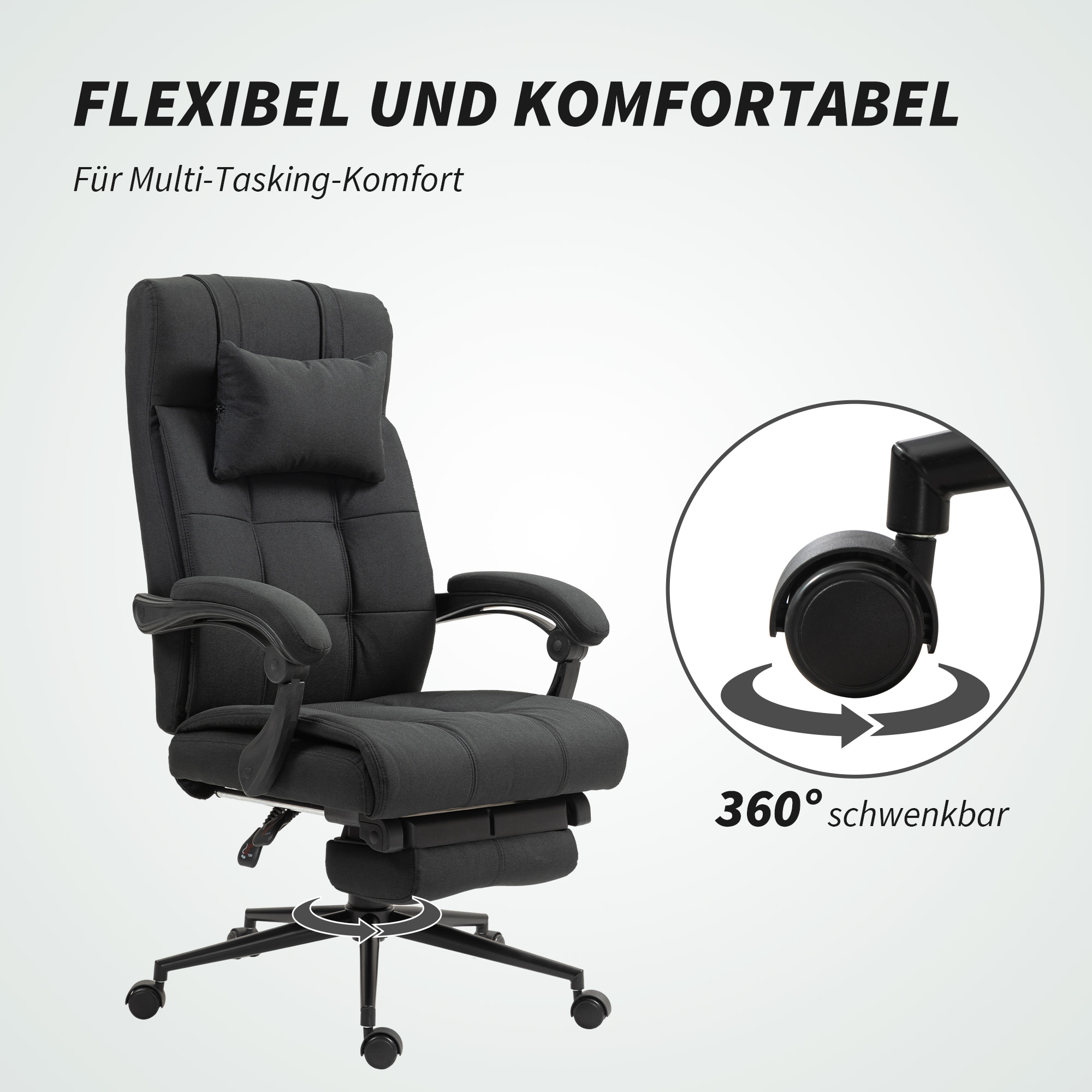 Bürostuhl mit Fußstütze, Schreibtischstuhl, Drehstuhl mit Kopfstütze, Schwarz