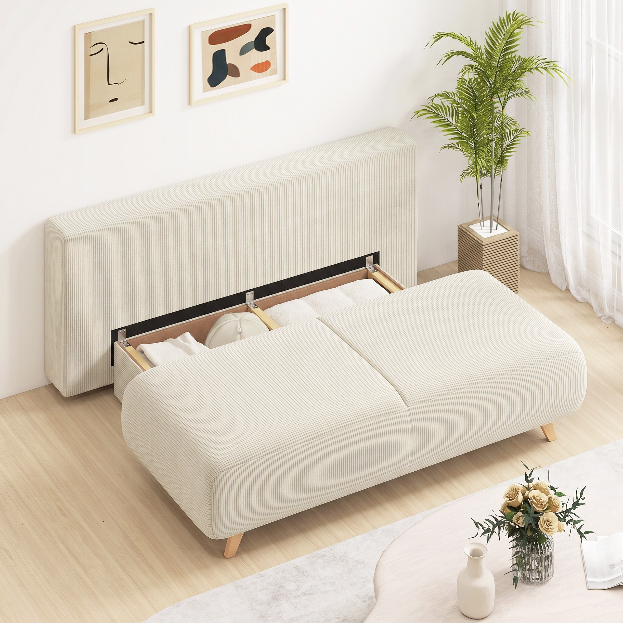 Schlafsofa mit verstellbarer Rückenlehne, Bettfunktion, verstecktem Stauraum und Cordbezug, Beige