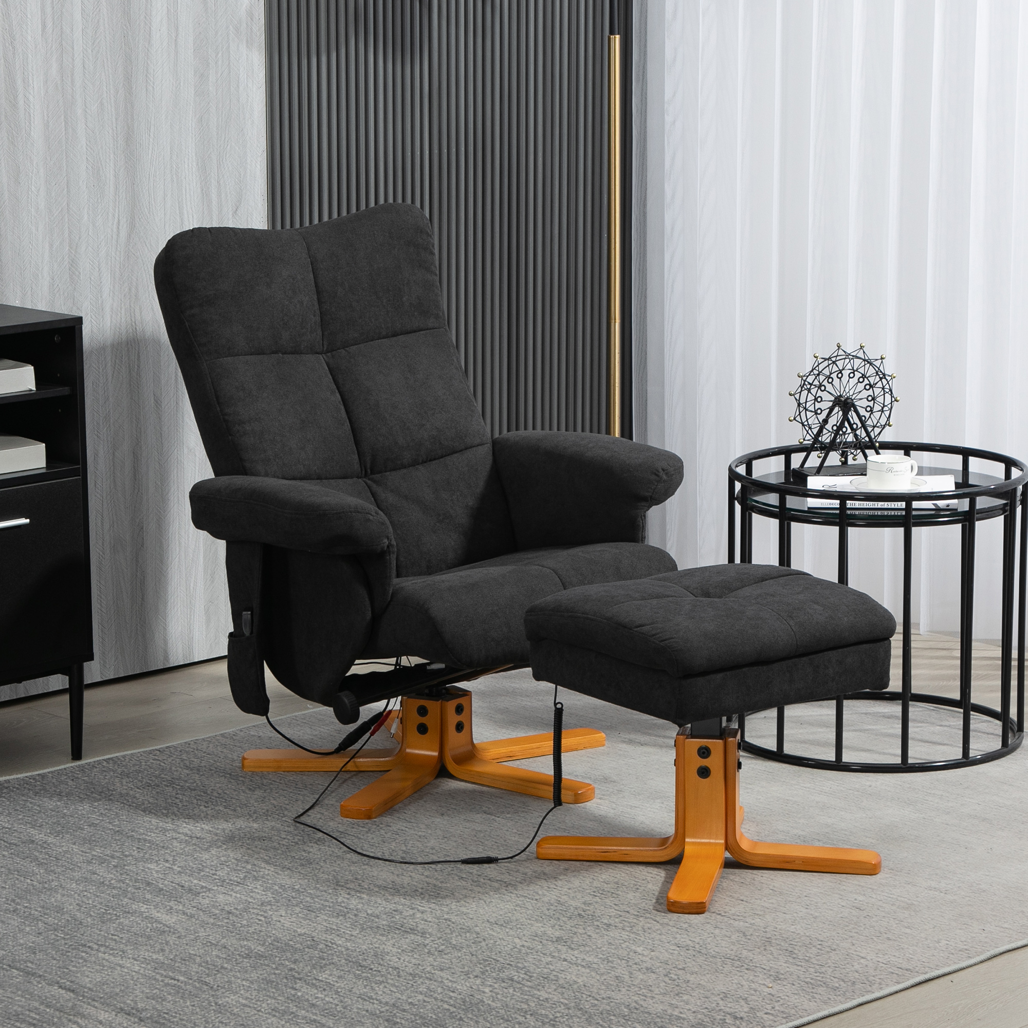 Massagesessel mit Liegefunktion und Fußhocker, 145°-Neigung, Polyester, 80 x 86 x 99 cm, Schwarz