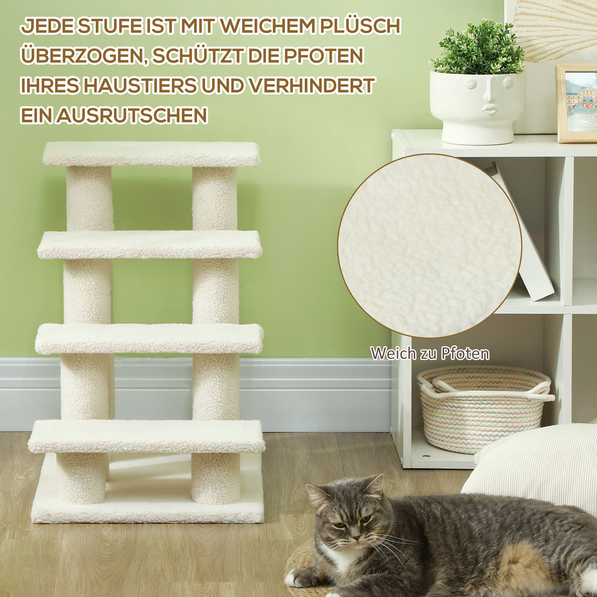 Tiertreppe Katzentreppe Hundetreppe Treppe für Katze und Hunde 4 Stufen Cremeweiß 63,5x43x60cm