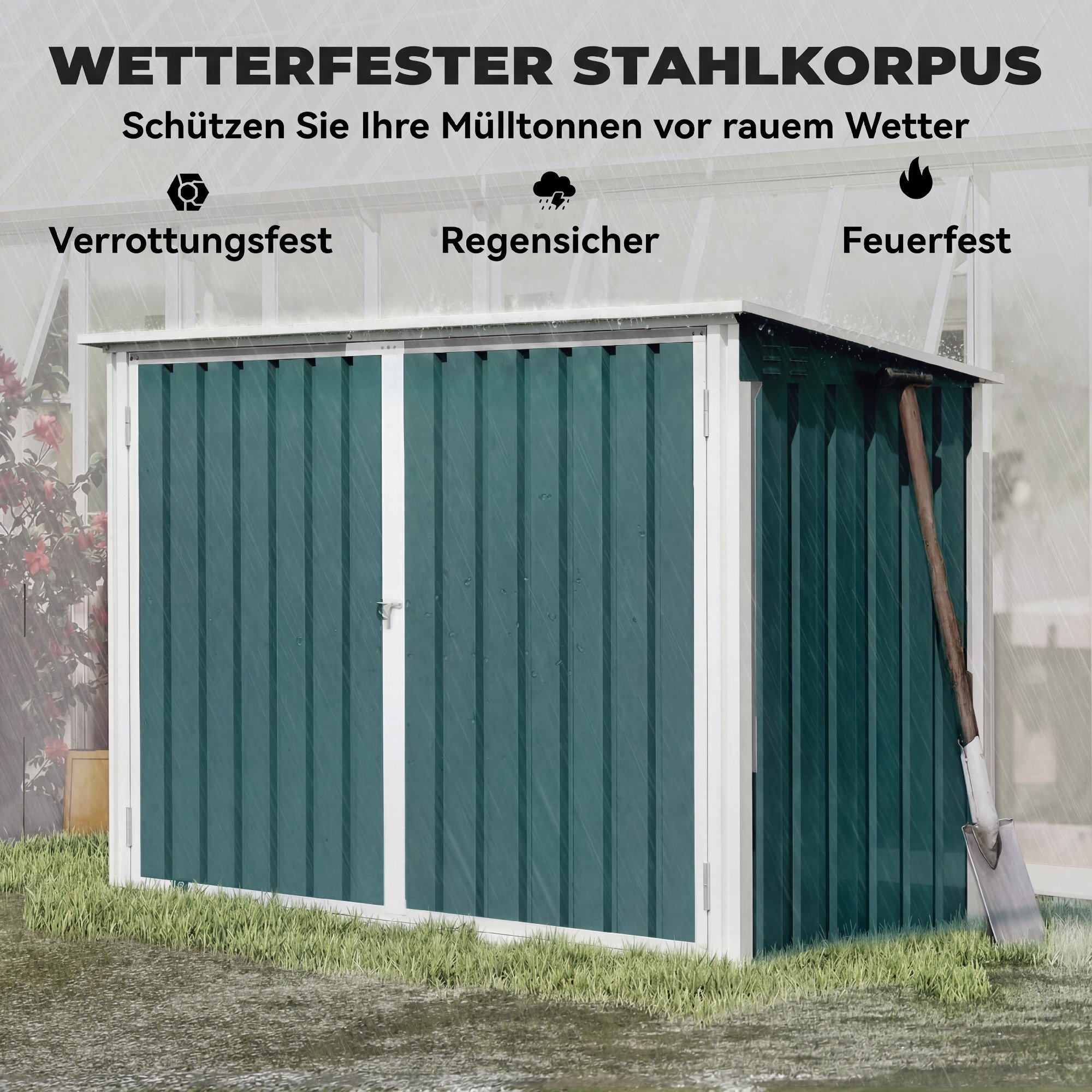 Mülltonnenbox Müllbox abschließbar Gerätebox mit Doppeltür Deckel für 2 Mülltonnen Stahl 179,5 x 108 x 129,5/113 cm Grün