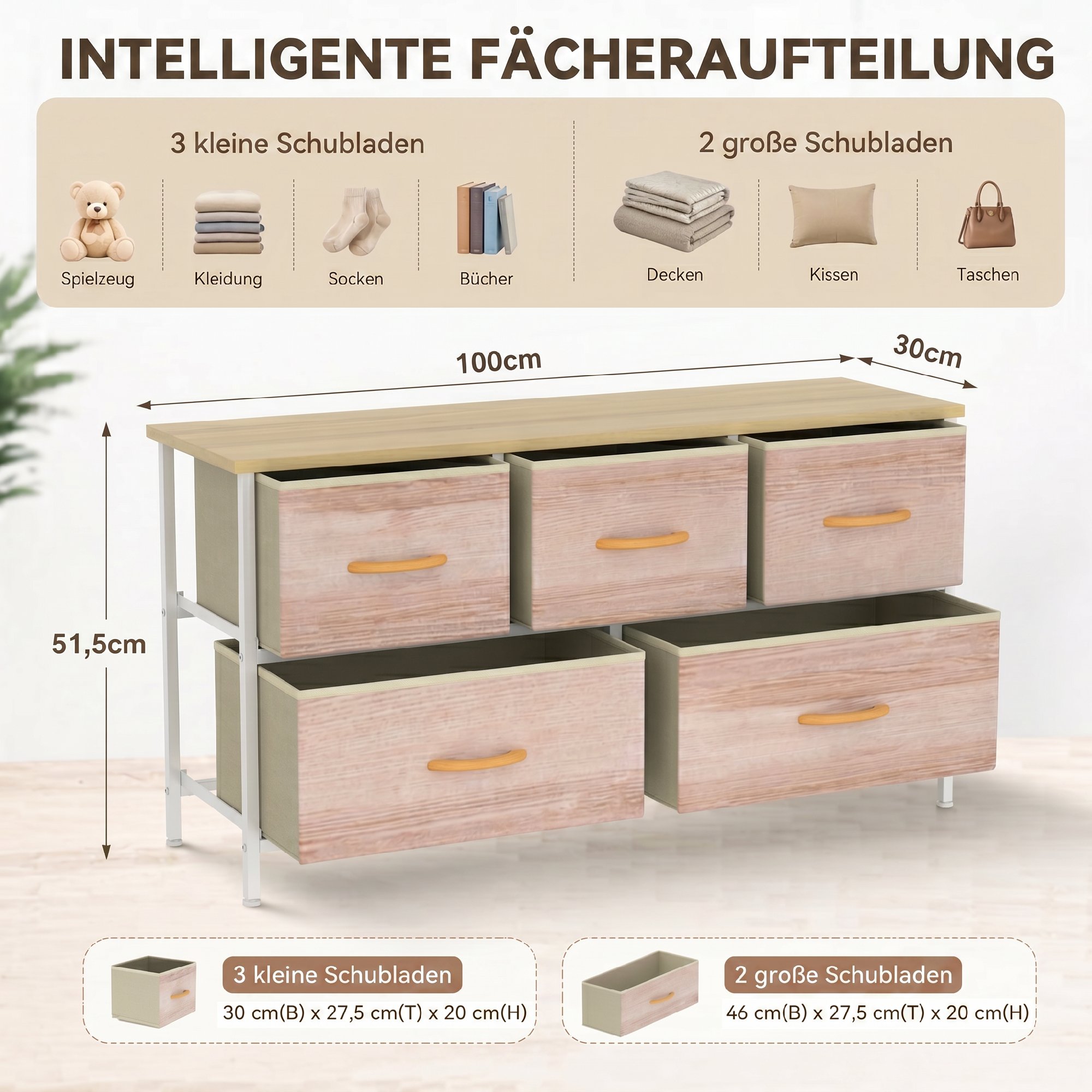 Kommode mit 5 Schubladen, Stoffkommode mit Metallrahmen und Holzoberfläche, Naturholz und Weiß