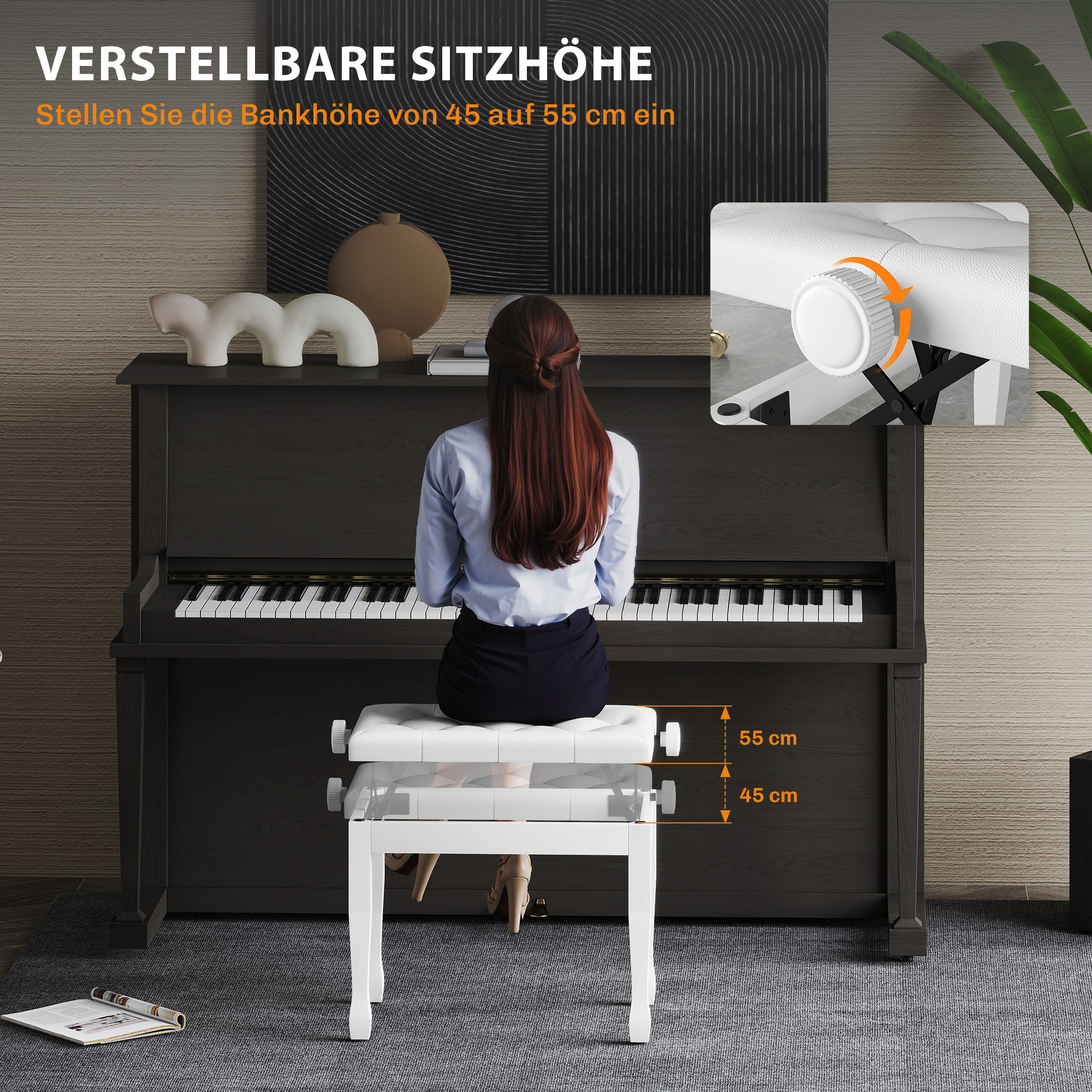 Klavierhocker Höhenverstellbar Klavierbank, Pianobank mit Kunstleder Kissen für Piano Keyboard 64 x 35 x 45-55 cm Weiß