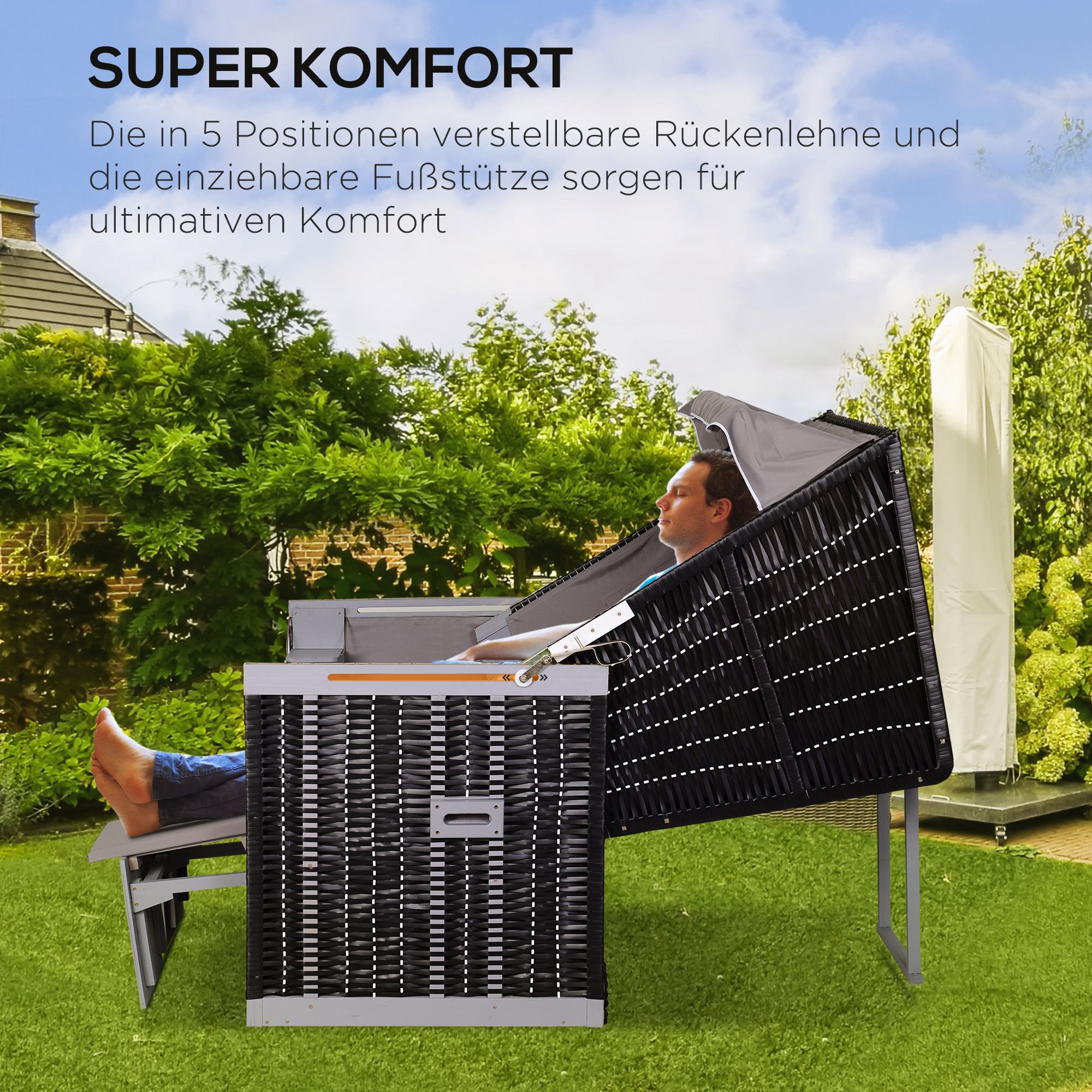 Strandkorb für 2 Personen mit neigbarer Rücklehne Grau 118 x 79 x 150cm