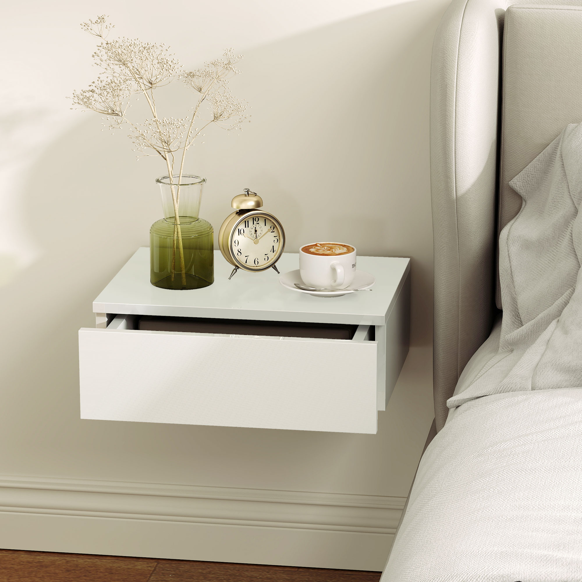 2er-Set Nachttische, wandmontiertes Design, Schublade, für Schlafzimmer, Spanplatte, Weiß