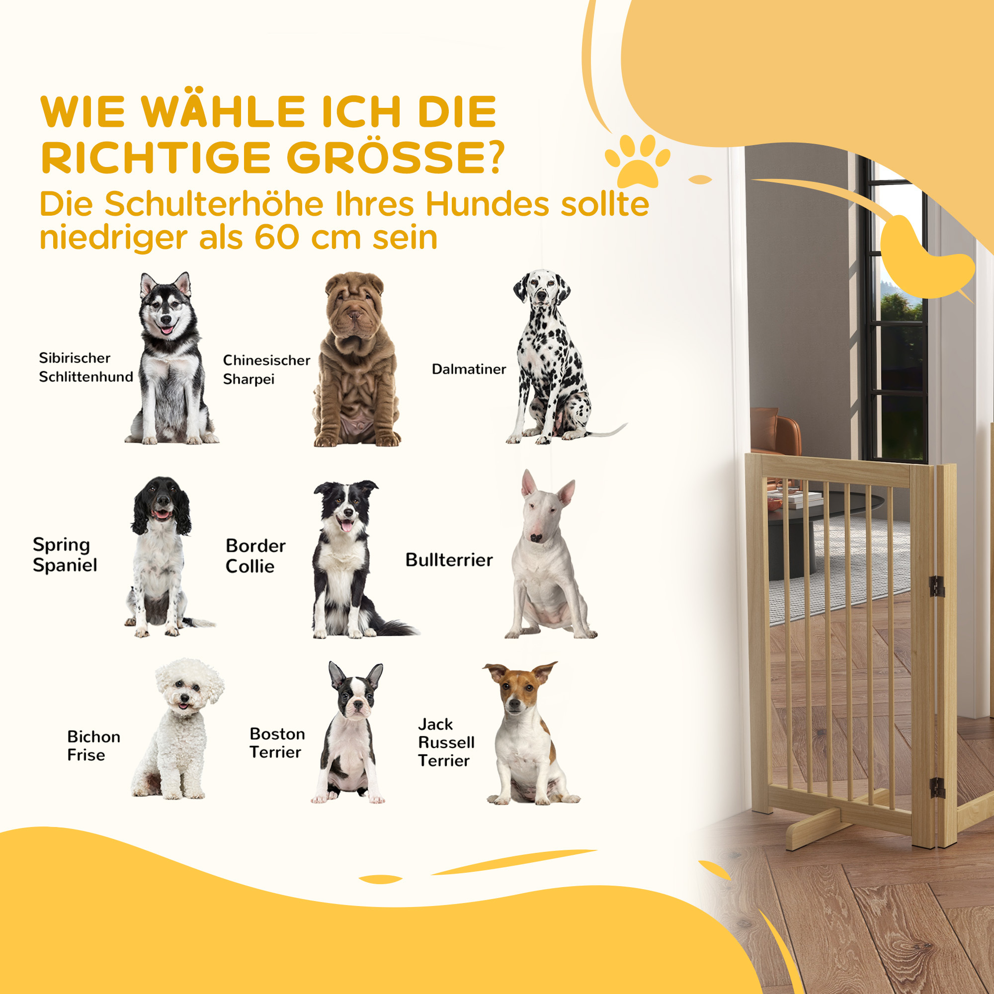 Hunde-Absperrgitter, freistehend, klappbar, Tür & Füße, Holzrahmen, 220x36x91cm
