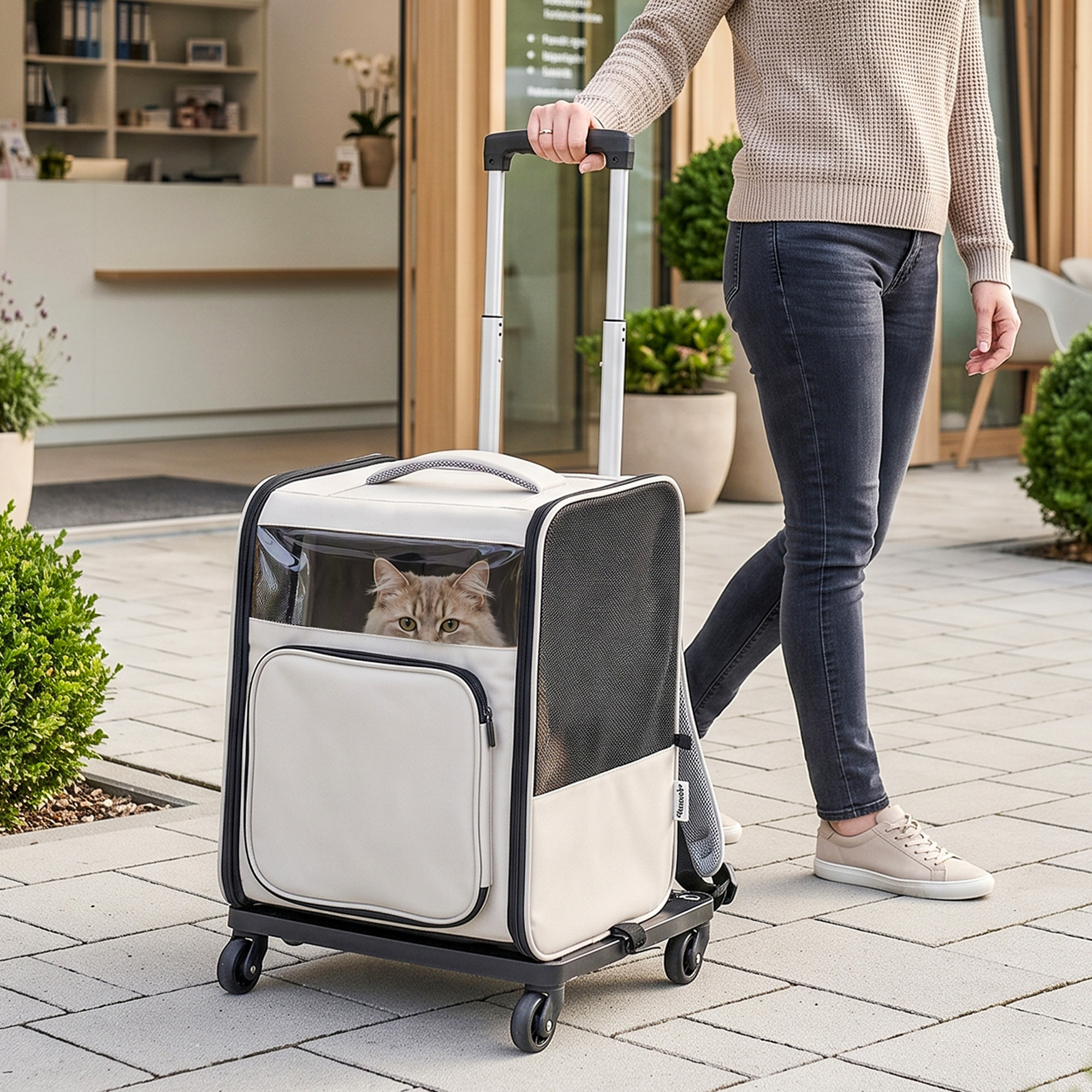 Hunderucksack 2 in 1 faltbare Transporttasche mit Rollen Rückenstütze Mesh-Fenstern Seitentasche bis 5 kg
