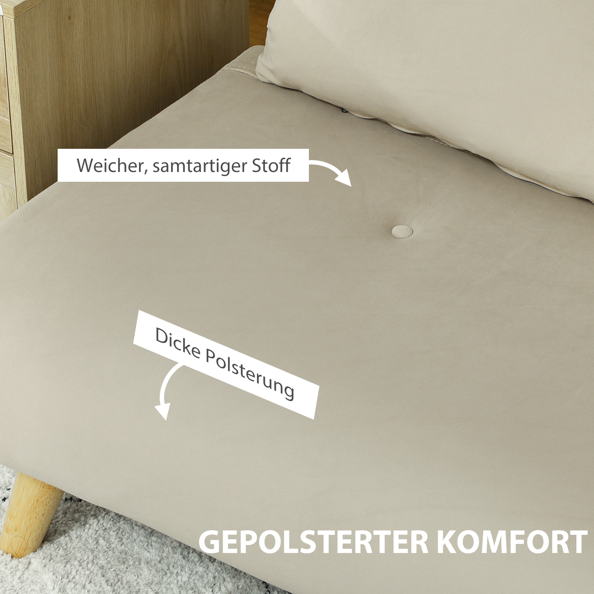 Schlafsofa Relaxsofa Sofa Couch, inkl. 2 Kissen, Samtoptik, 130 x 78 x 79 cm, Beige