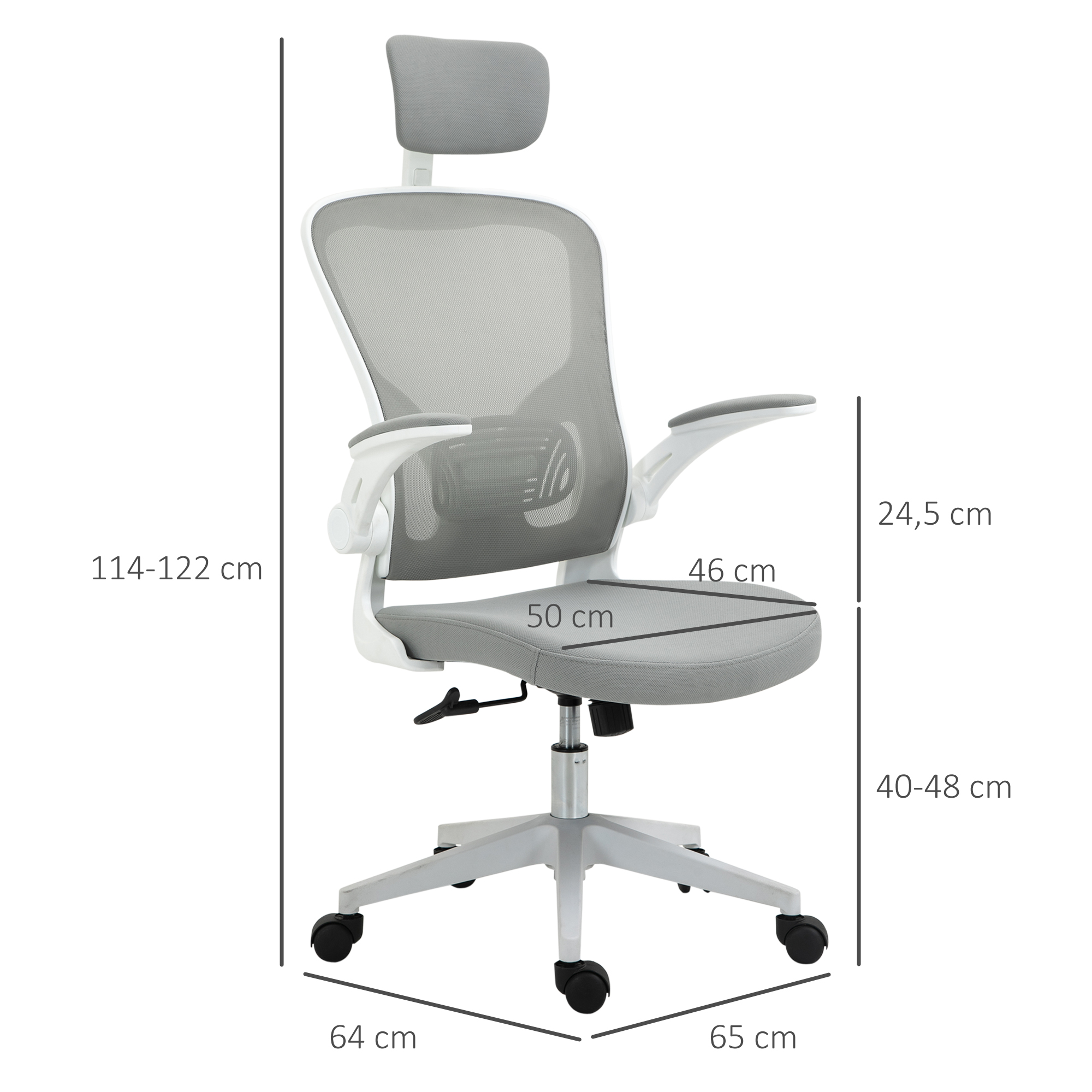 Bürostuhl ergonomischer Shreibtischstuhl mit Wippfunktion hoher Rückenlehne Lendenwirbelstütze Kopfstütze hochklappbarem Arm Home-Office Grau 65 x 64 x 114-122 cm