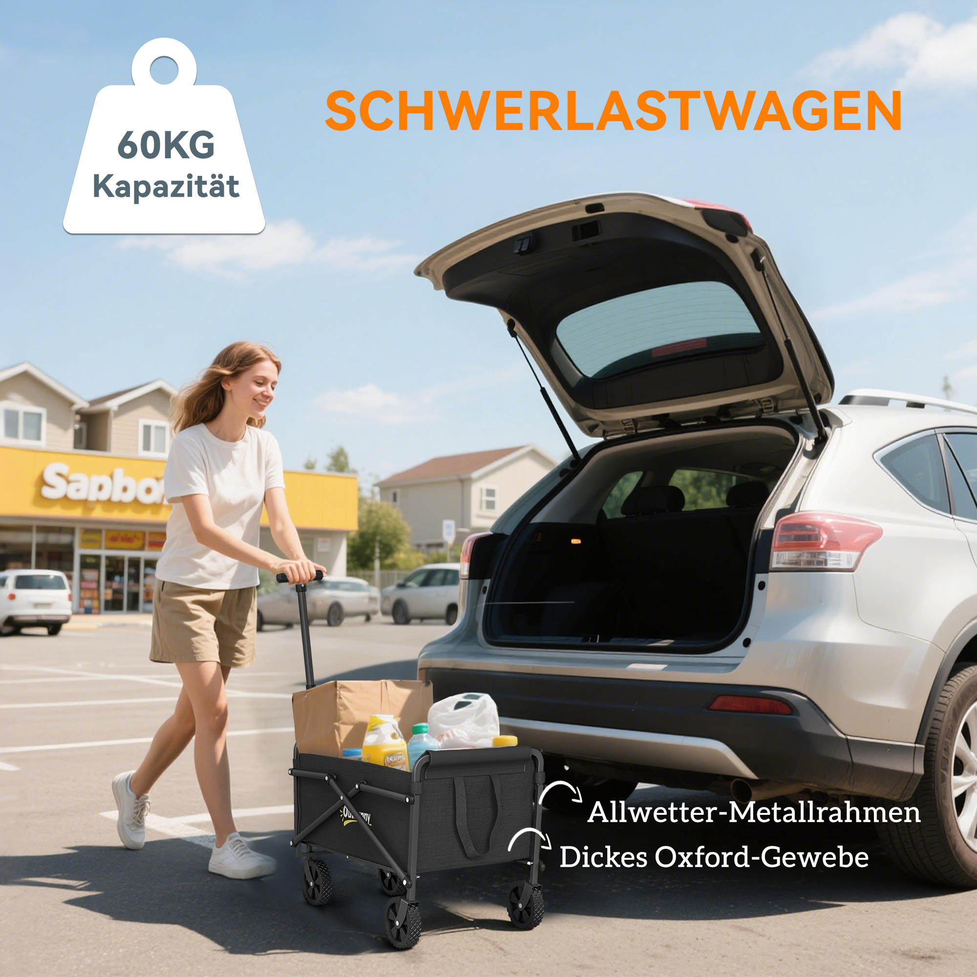 Bollerwagen faltbar Handwagen 360° Gartenwagen mit verstellbarem Griff Strandwagen bis 60 kg für Sport Einkauf Schwarz