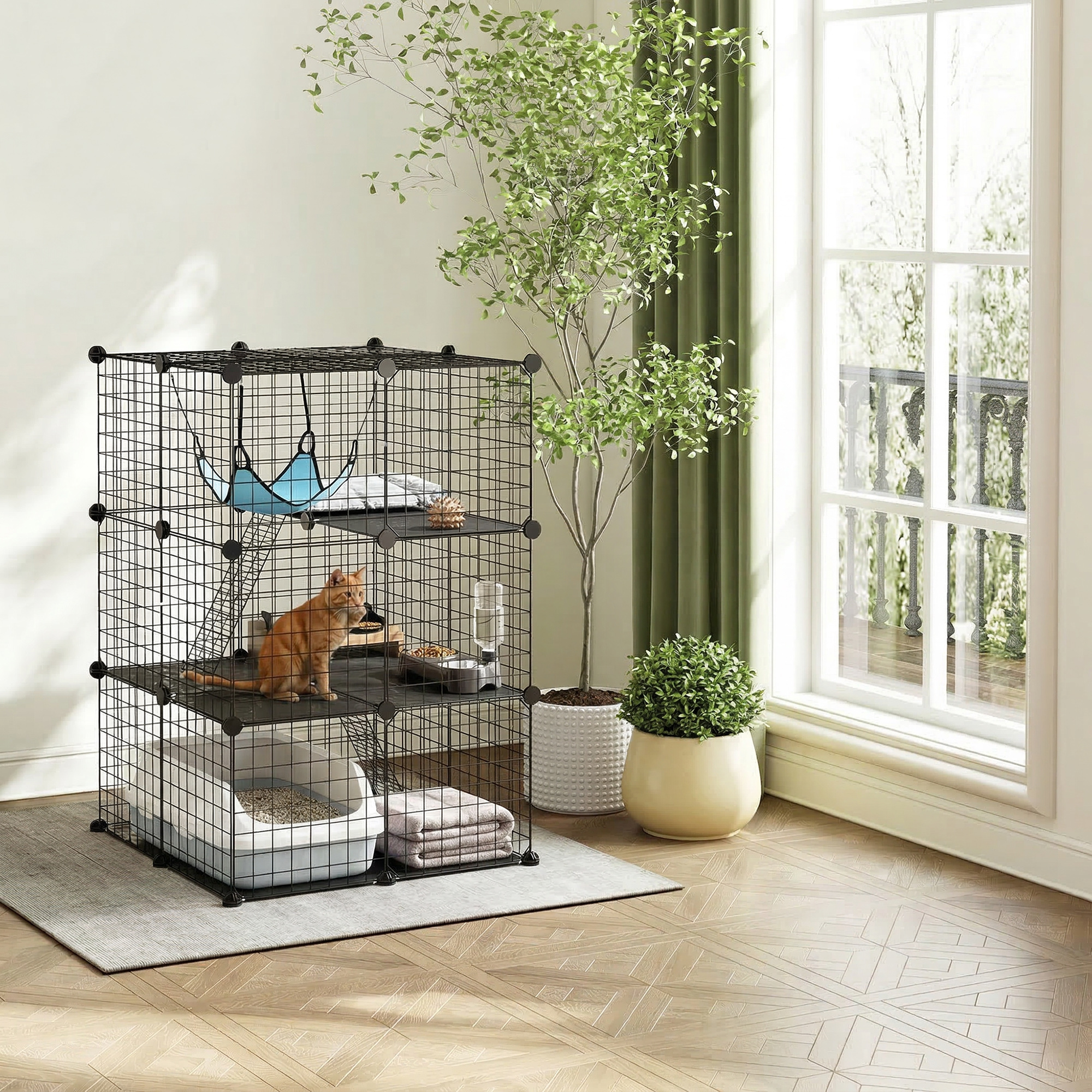Indoor Katzenkäfig 105 cm, Stahl-Katzengehege mit 3 Türen, DIY-anpassbares Design für Kätzchen unter 4kg