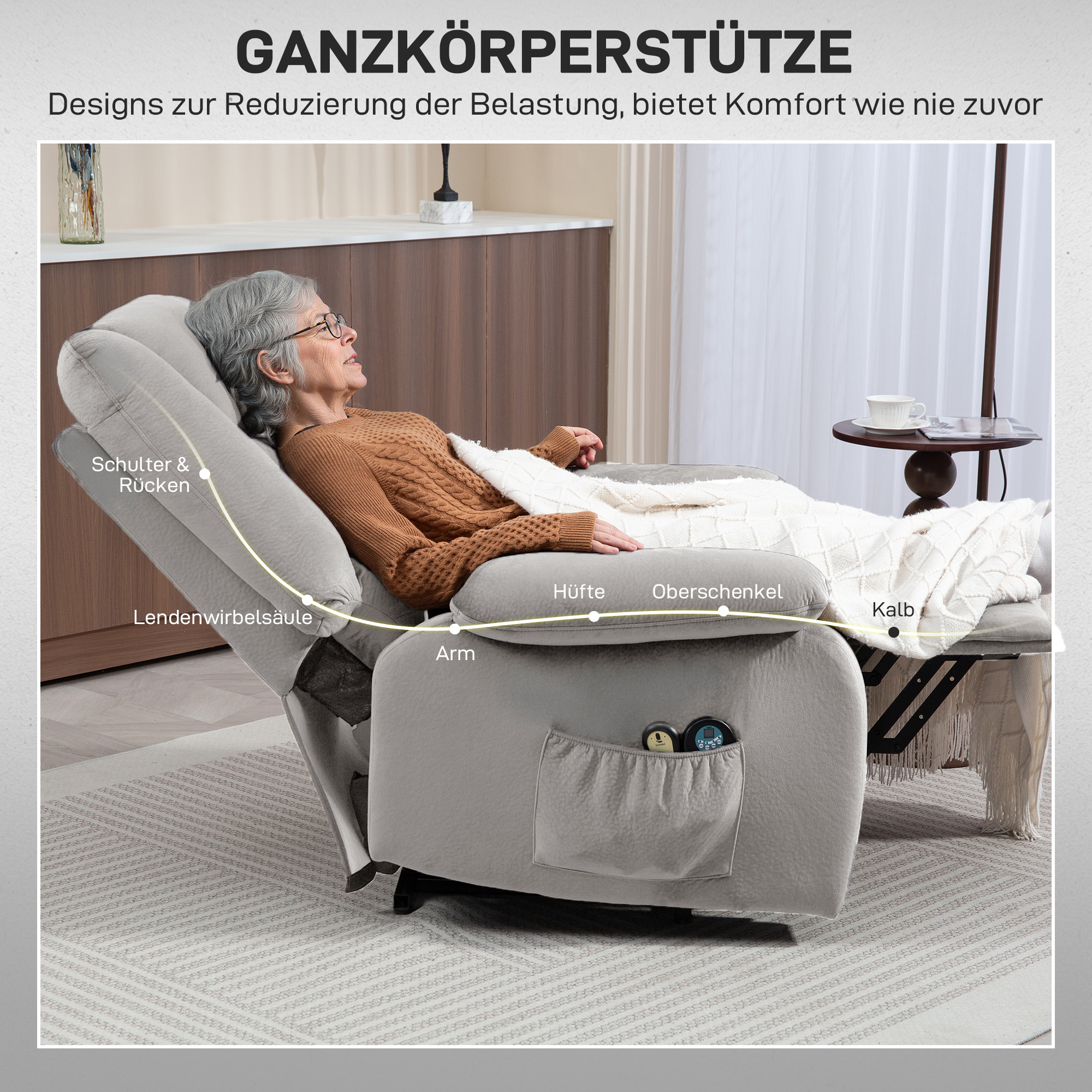 Aufstehsessel mit Massagefunktion, 90x93x110cm, Hellgrau