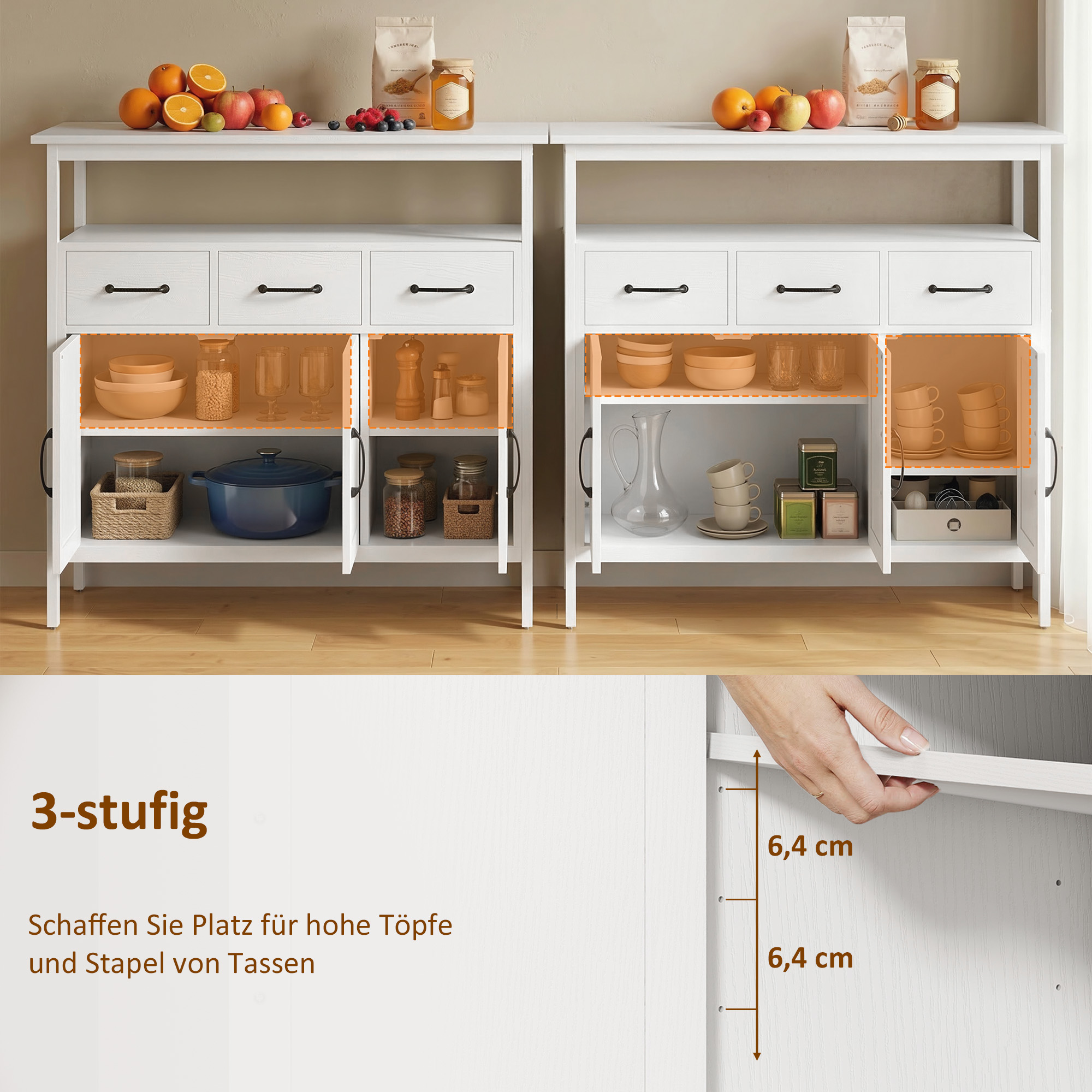 Sideboard mit verstellbaren Einlegeböden, Buffet-Schrank mit 3 Schubladen, 3 Türen , 95 cm, Weiß