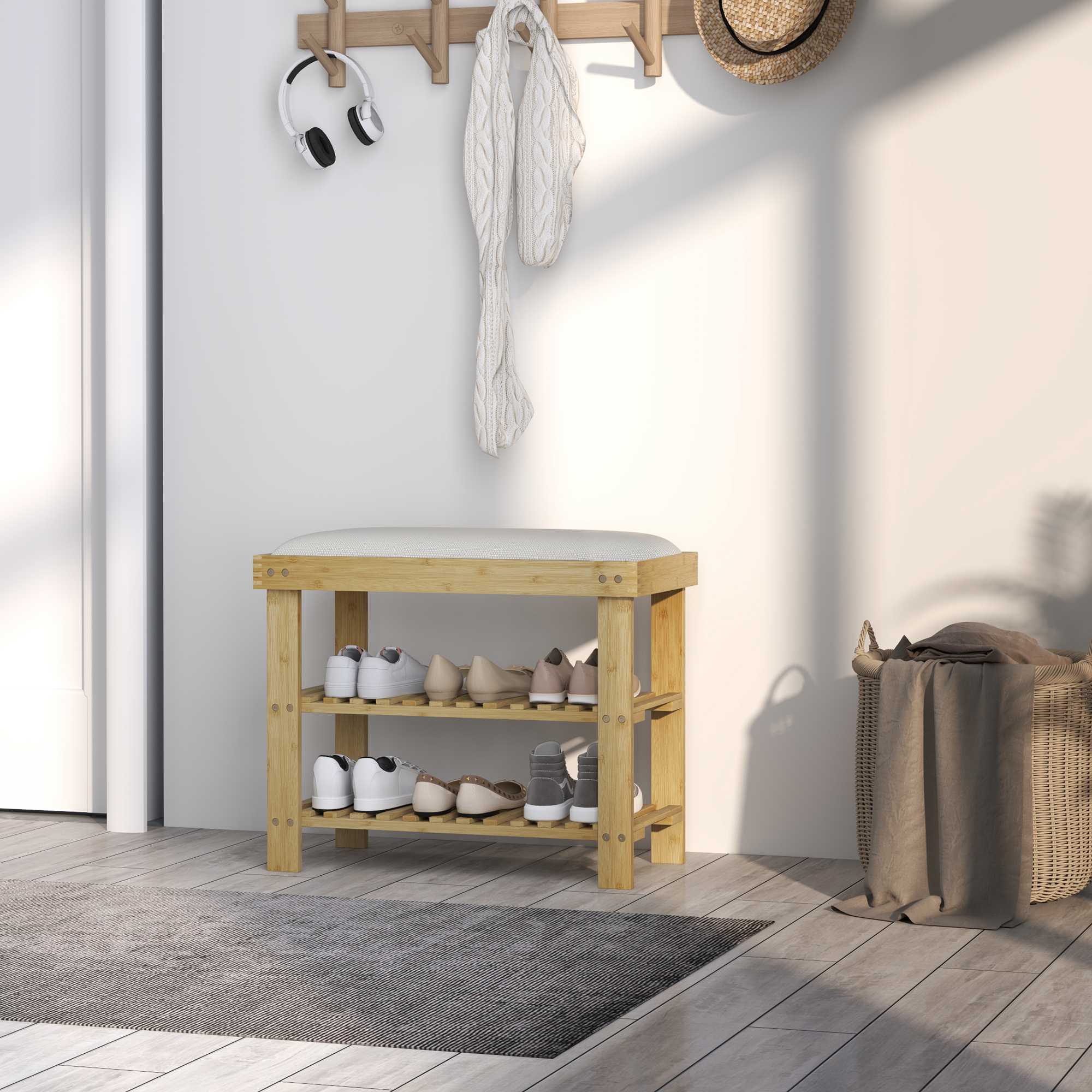 Schuhbank mit Sitzfläche, Bambus Sitzbank mit Stauraum, 2 offene Fächer, Sitzbank 60 x 29 x 49 cm Cremeweiß