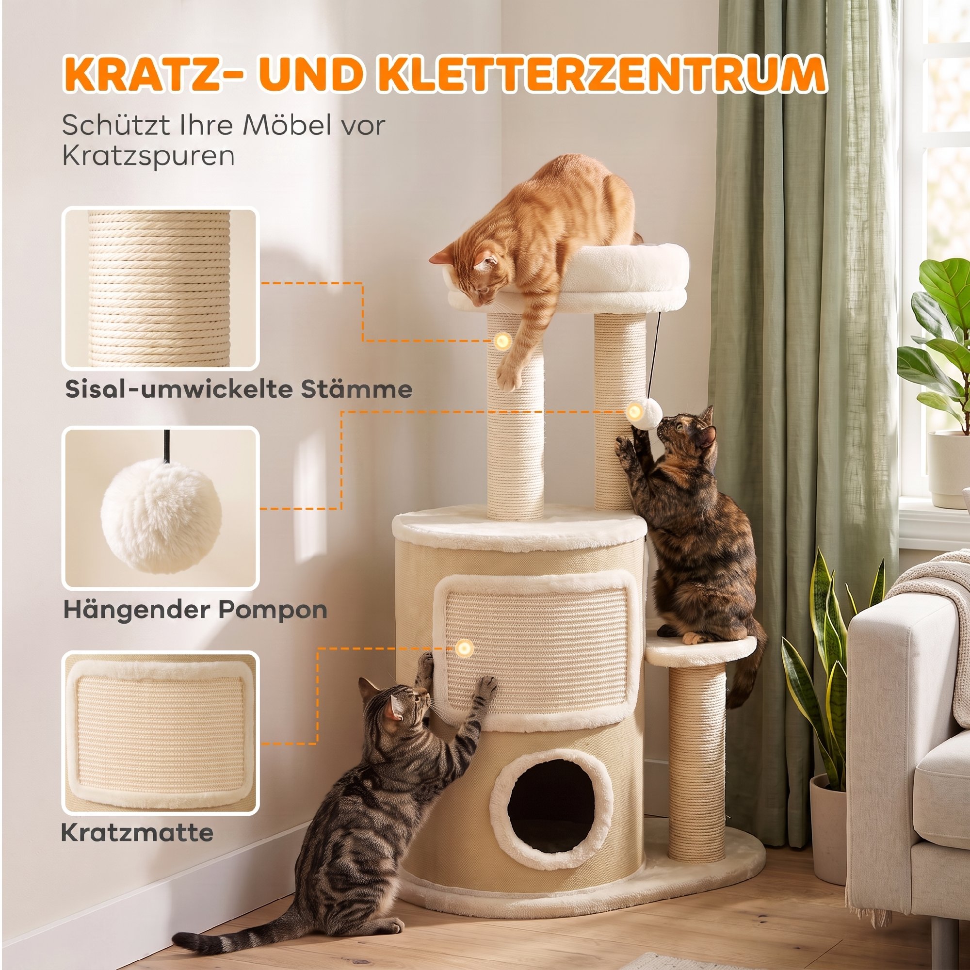 Kratzbaum mit 2-stöckiger Kratztonne Katzenbaum mit Sisal-Kratzpfosten, Plattform Sisalbrett Spielball, für Katzen 5kg
