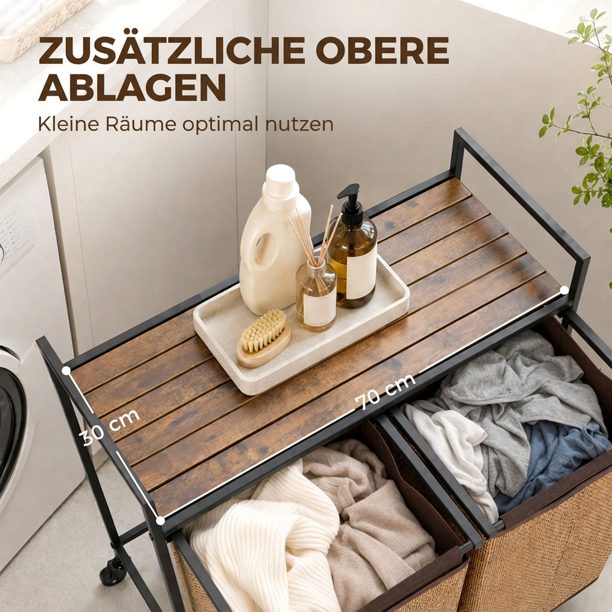 Wäschekorb Bambus 2 Fächer 120 L Wäschesammler mit Regal Ablage, Wäschebox Wäschesack, Rollbar 73x33x78 cm, Braun