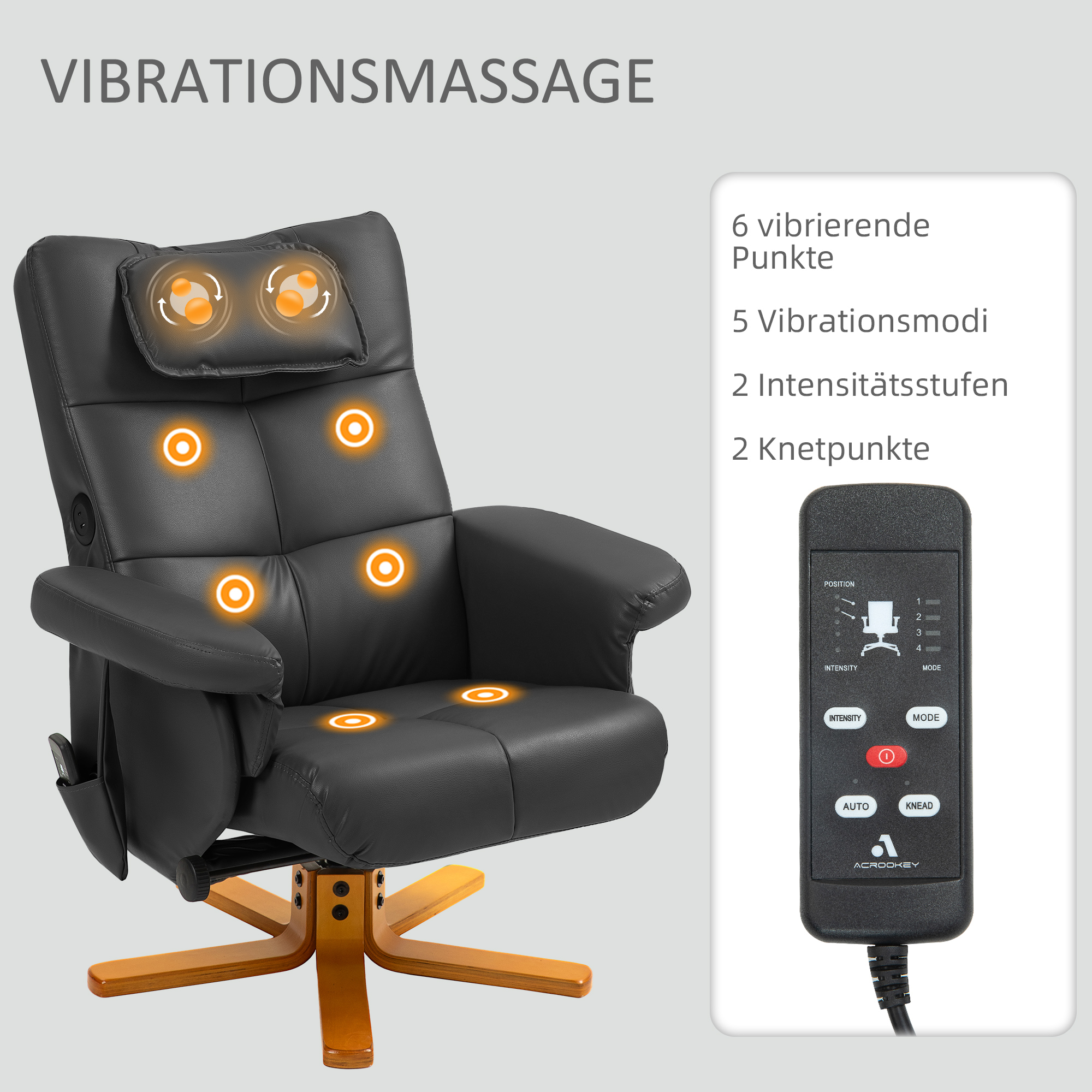 Massagesessel mit Hocker, verstellbare Lehne, USB-Ladeport, Lederoptik, bis 150 kg, Schwarz
