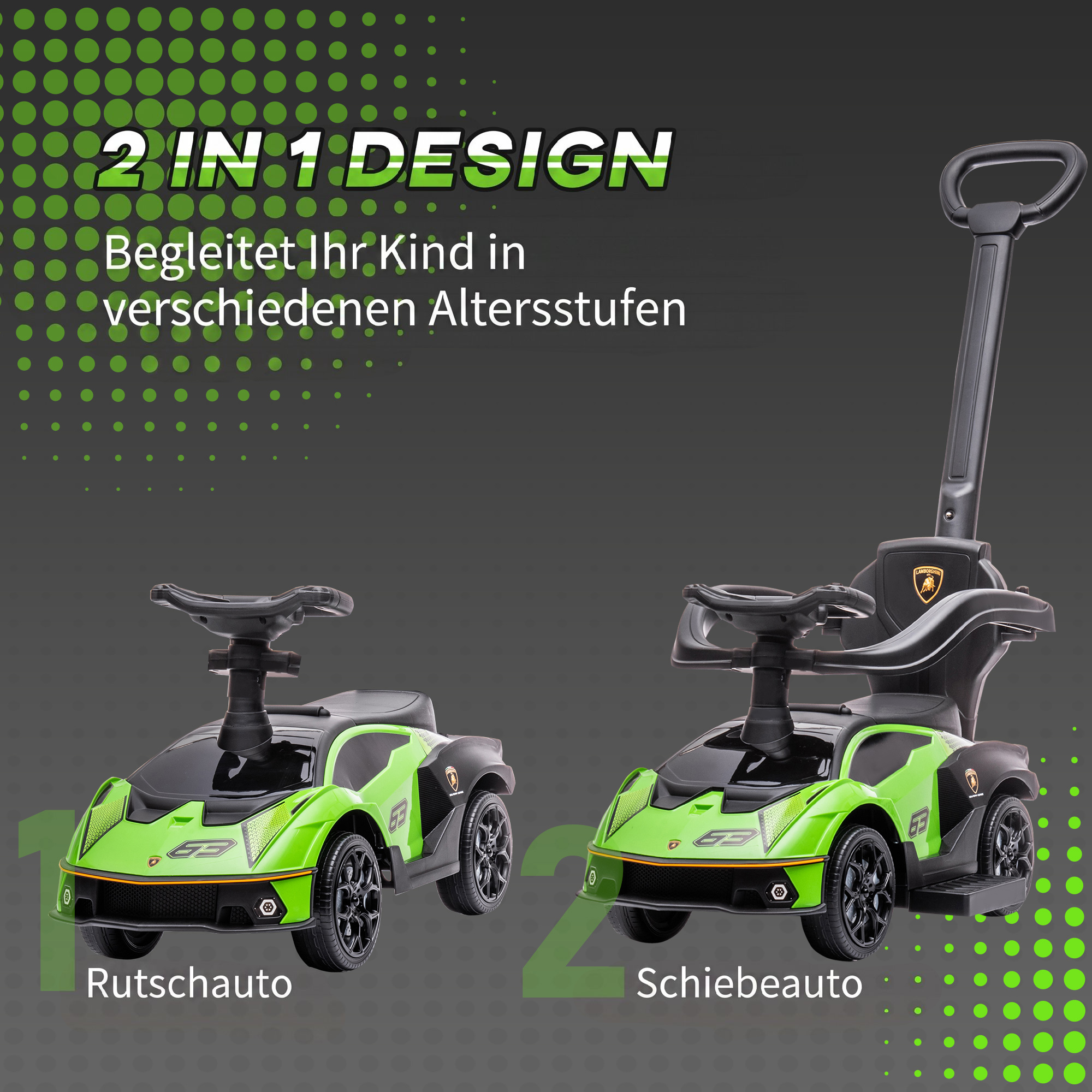 Rutschauto mit Schiebstange 2-in-1 Rutschfahrzeug mit Lenkrad mit Hupe Fußstütze Sitzstauraum Grün