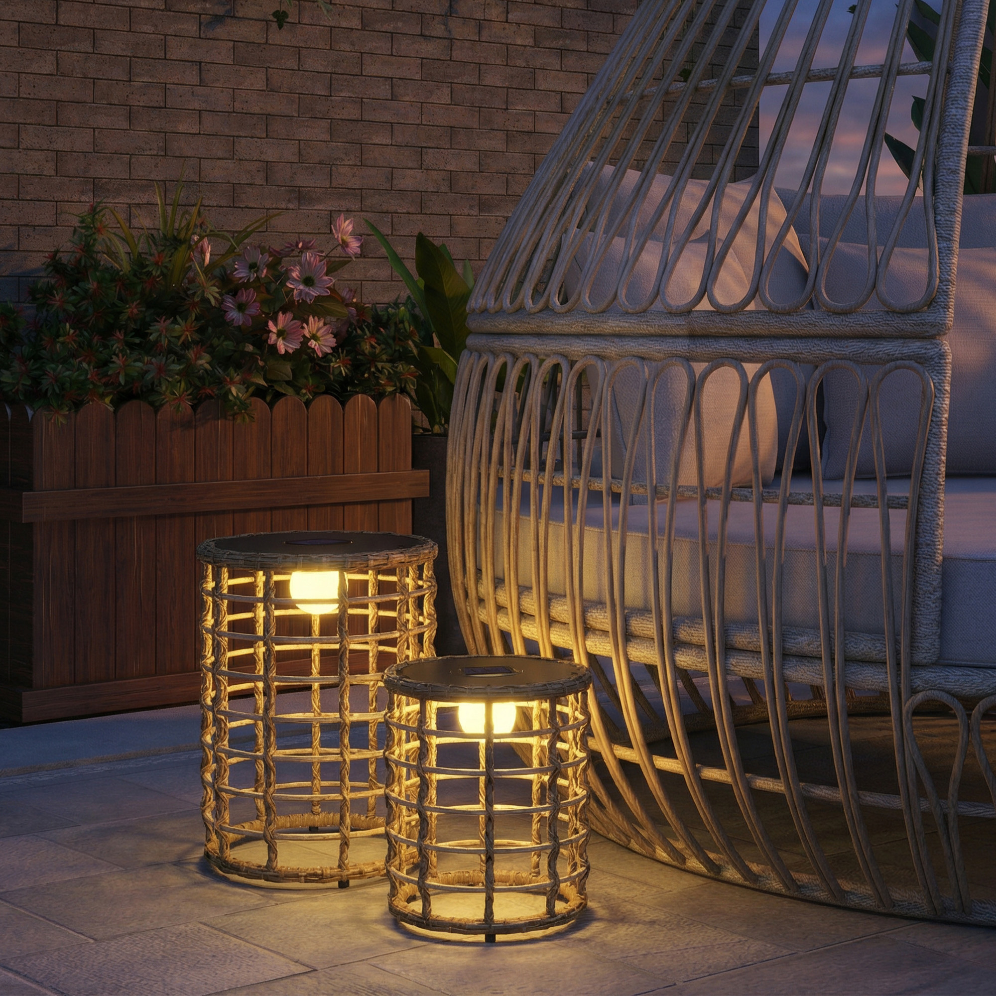 Solar Stehlampe 2er Set Rattan Solarlampen mit Lichtsensor LED Solarleuchte im Boho-Stil IP44