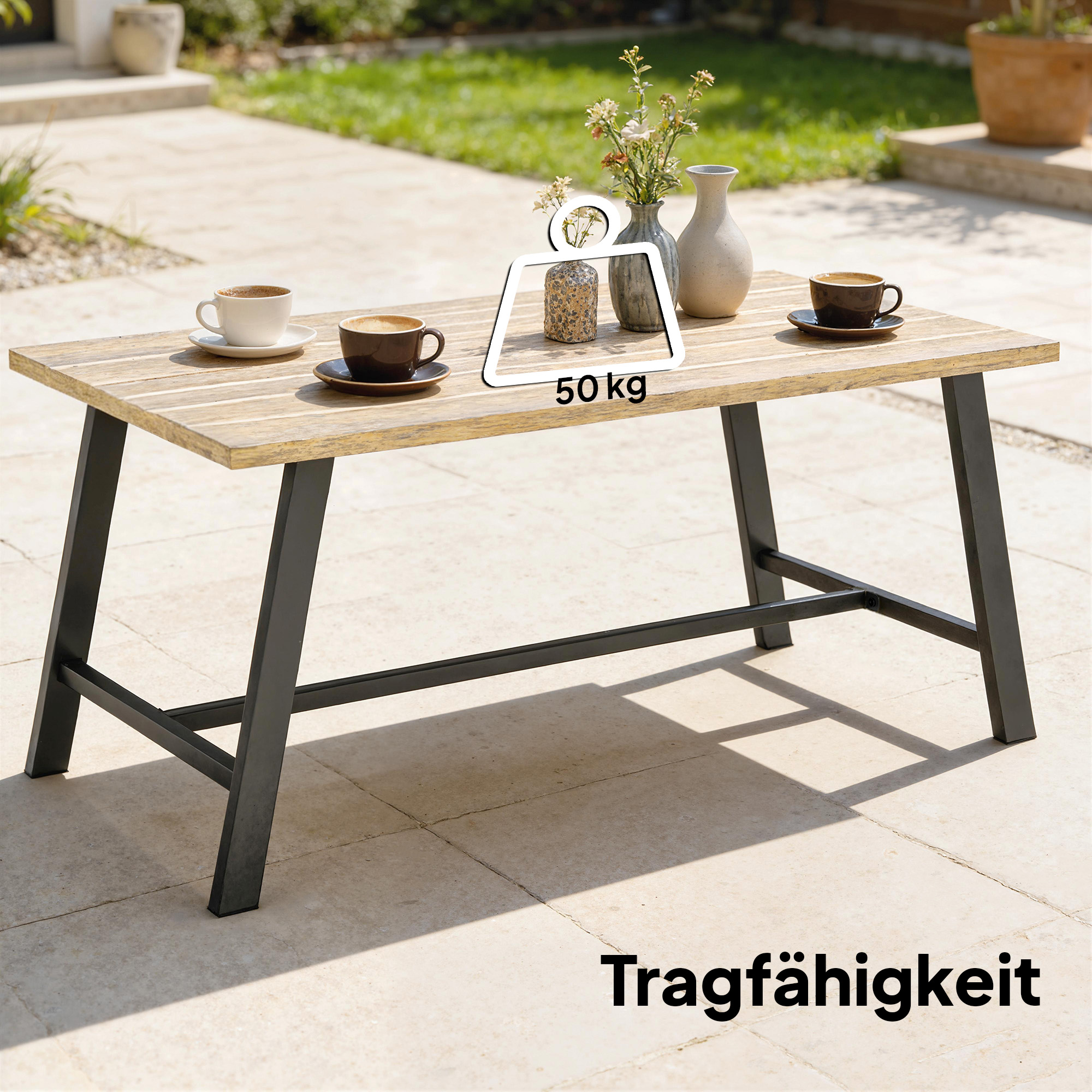 Outdoor-Couchtisch, rechteckiger Metall-Beistelltisch mit Tischplatte in Holzoptik, 100 x 55 cm, Braun