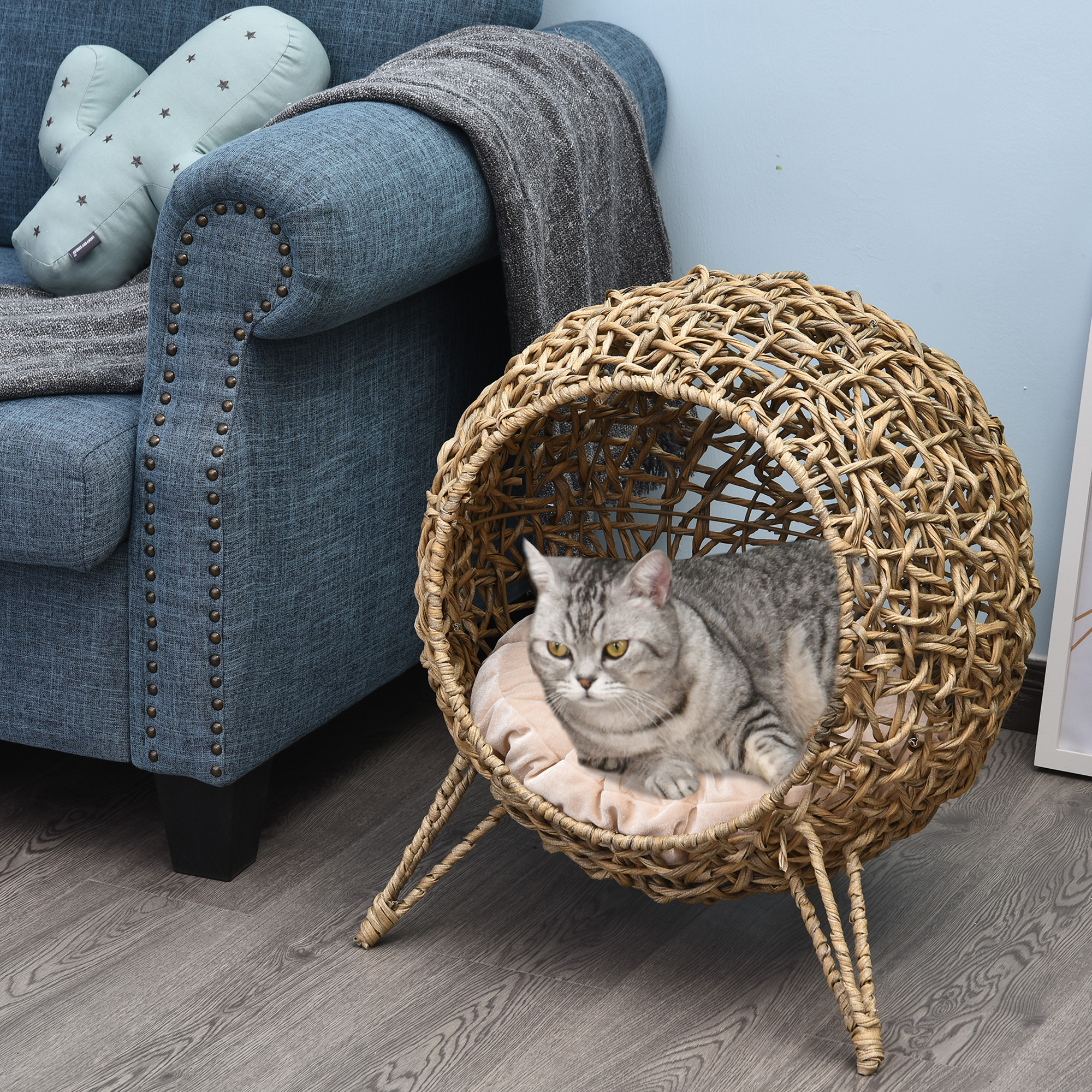Katzenhaus aus Rattan mit Kissen Katzenschlafplatz Katzenhöhle mit erhöhten Füßen Natur Ø52 x 58 cm