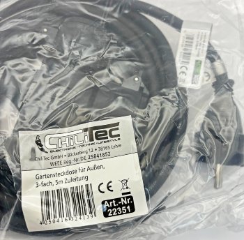 Gartensteckdose für Außen, 3-fach, IP44, 5m Zuleitung