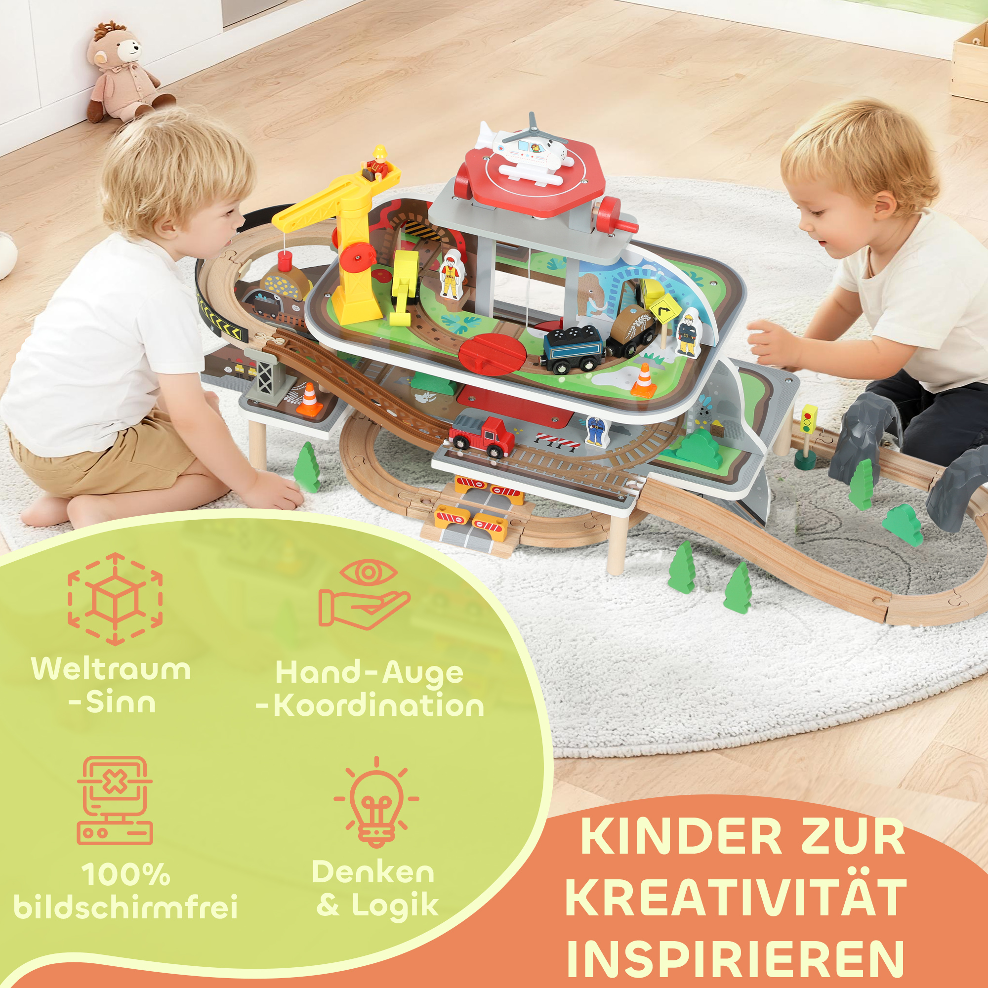 Eisenbahnset aus Holz, 79 Teile, 4 Ebenen, Aufzug, Kran, erweiterbar, Bunt