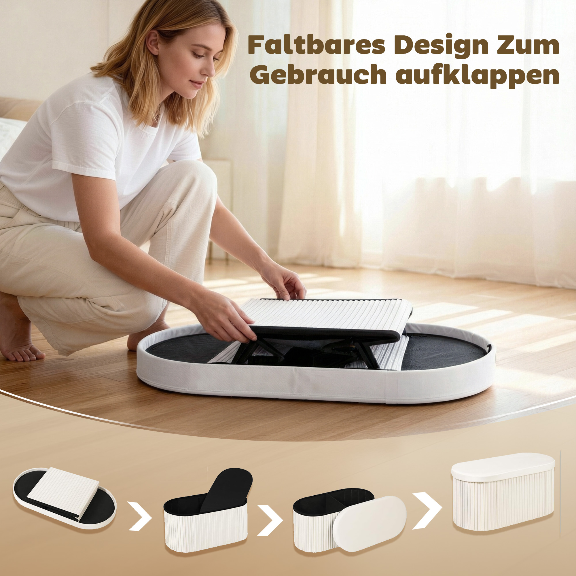 Sitzbank mit Stauraum Klappbar Polsterbank mit Samt-Optik für Wohnzimmer 76 x 38 x 35 cm Creme