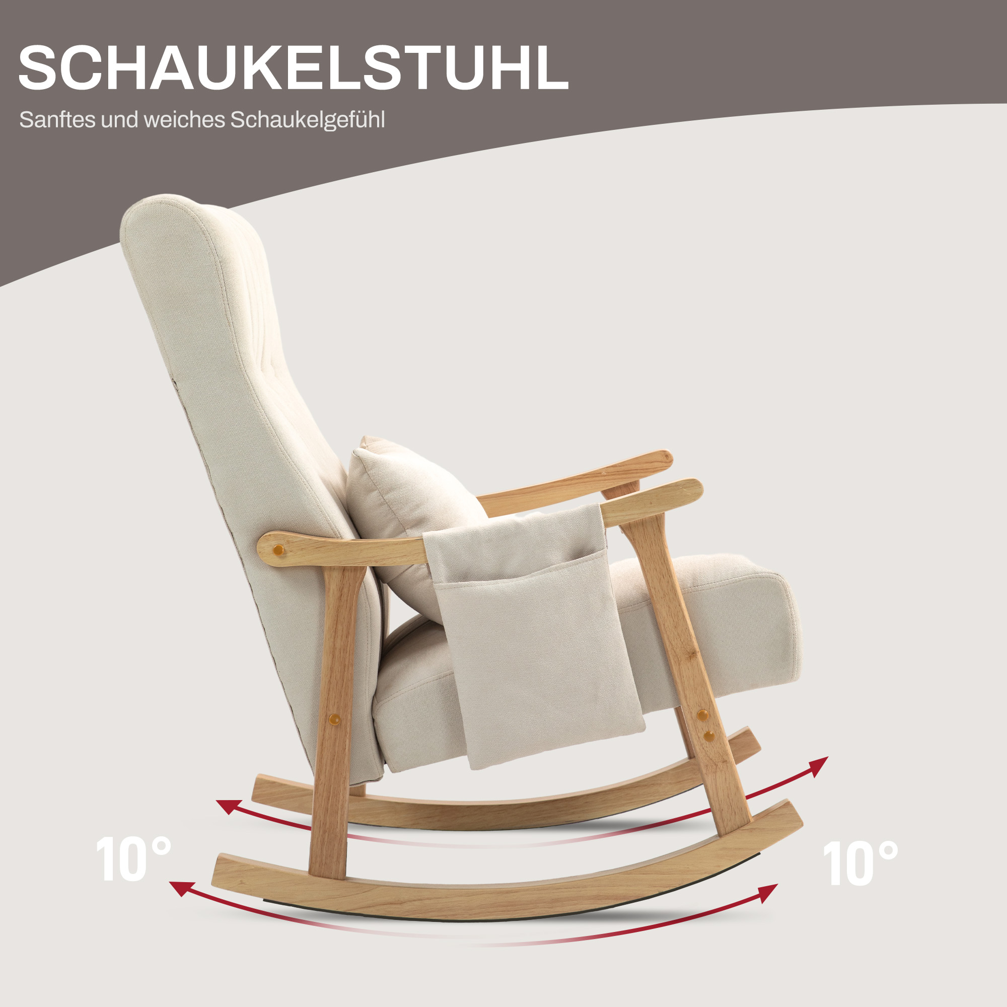 Schaukelstuhl mit Nierenkissen, breiter Sitz, Kautschukholzrahmen, bis 120 kg, Beige