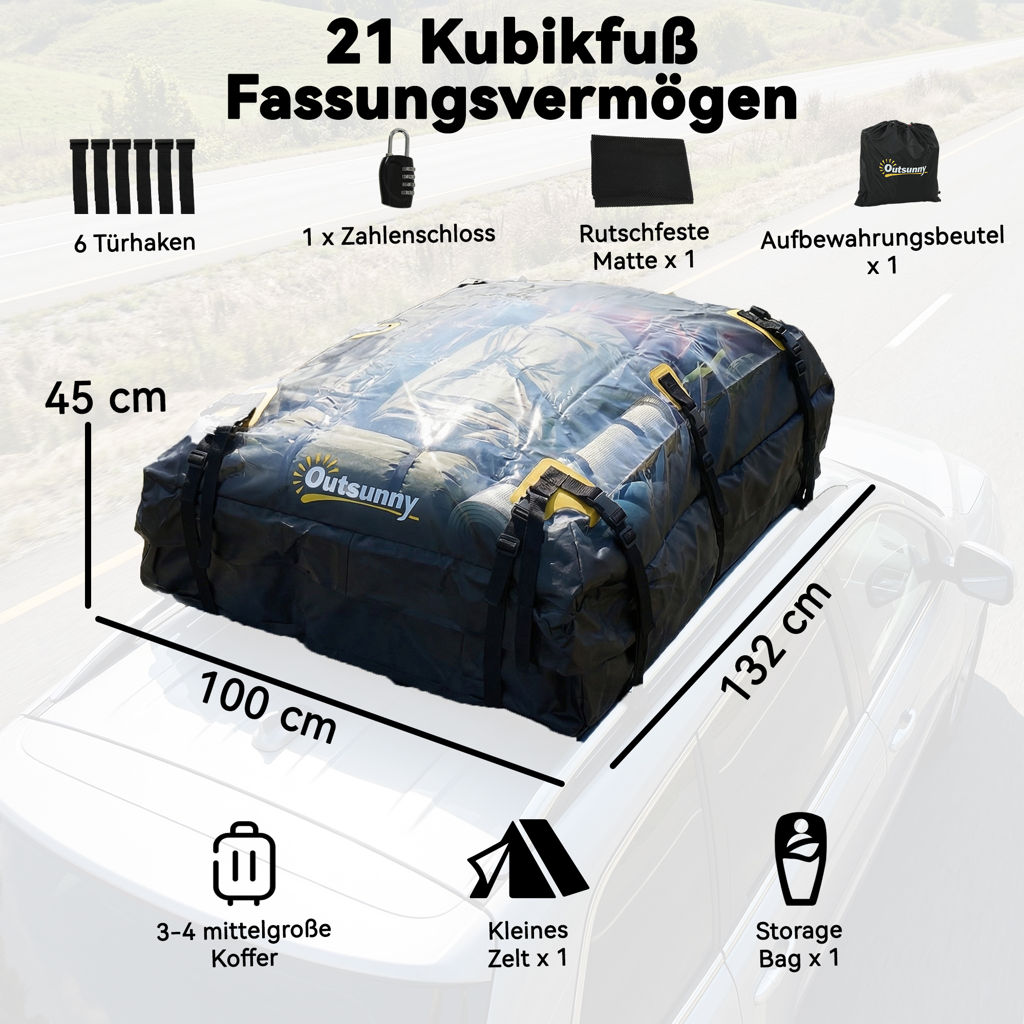 Auto Dachbox 21 Kubikfuß Faltbar Wasserdicht Dachgepäckträger mit Anti-Rutsch-Matte 10 Schwerlastgurten 6 Türhaken