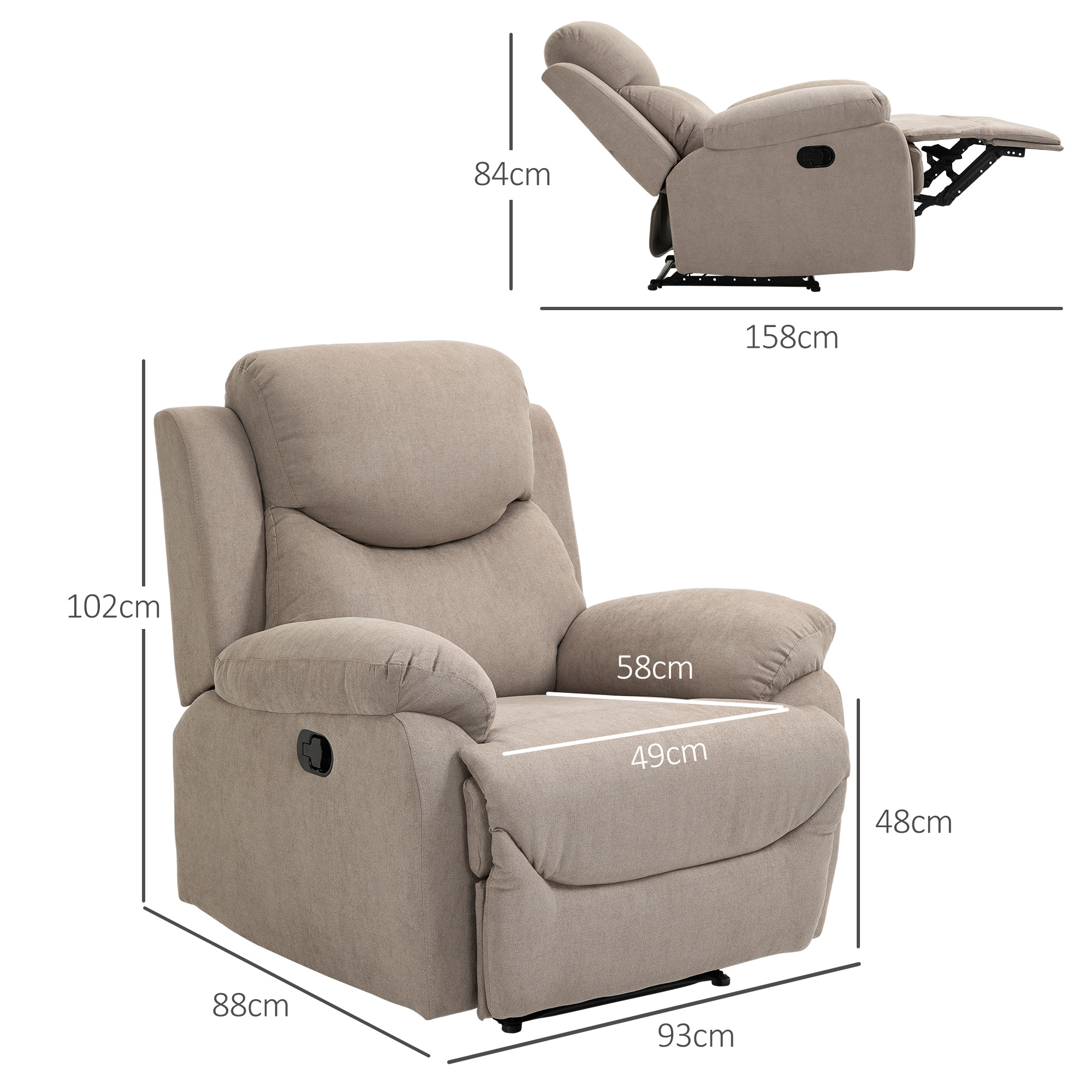 Relaxsessel Einzelsofa Liege 150° neigbarer Fernsehsessel Liegesessel TV-Sessel mit Schlaffunktion für Wohnzimmer Leinen Beige 93 x 88 x 102 cm