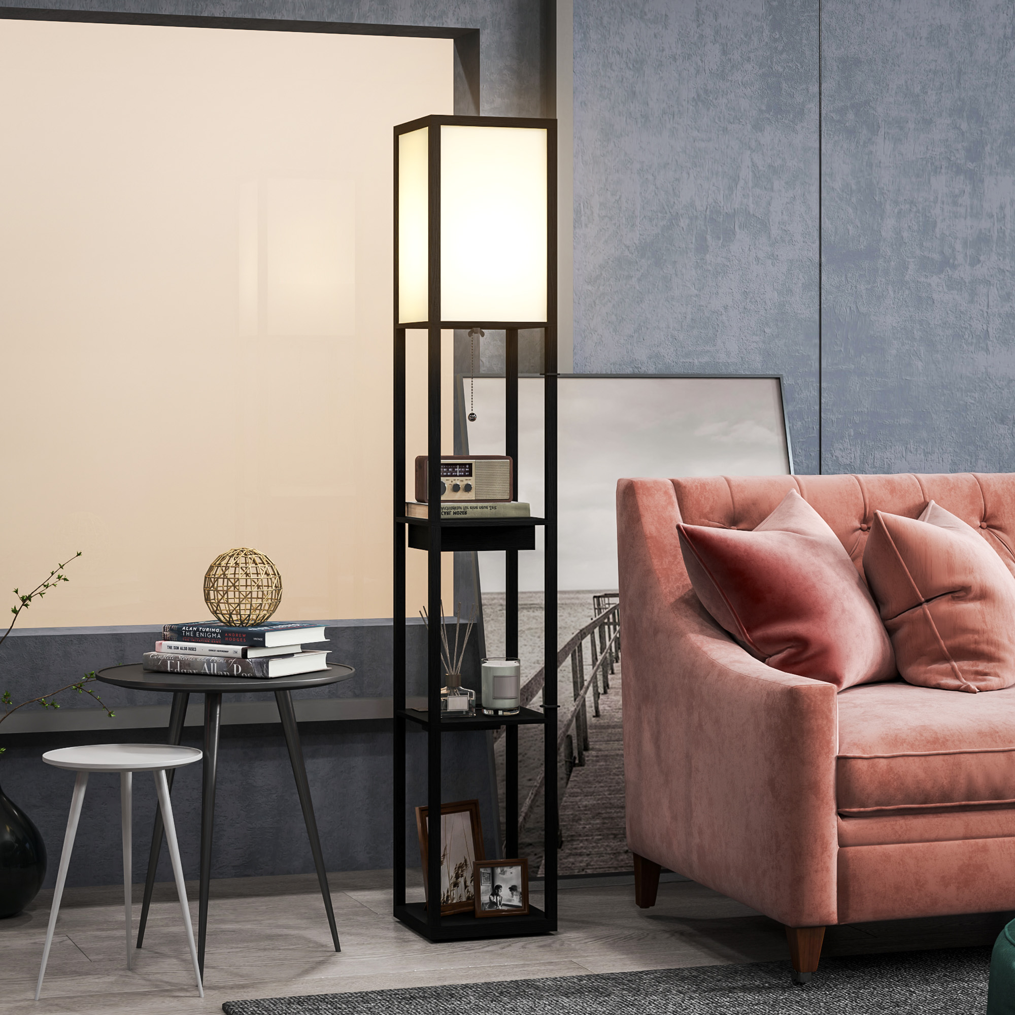 Stehlampe mit 3-stufigem Regal, Fußschalter, USB-Anschlüssen, MDF, Schwarz