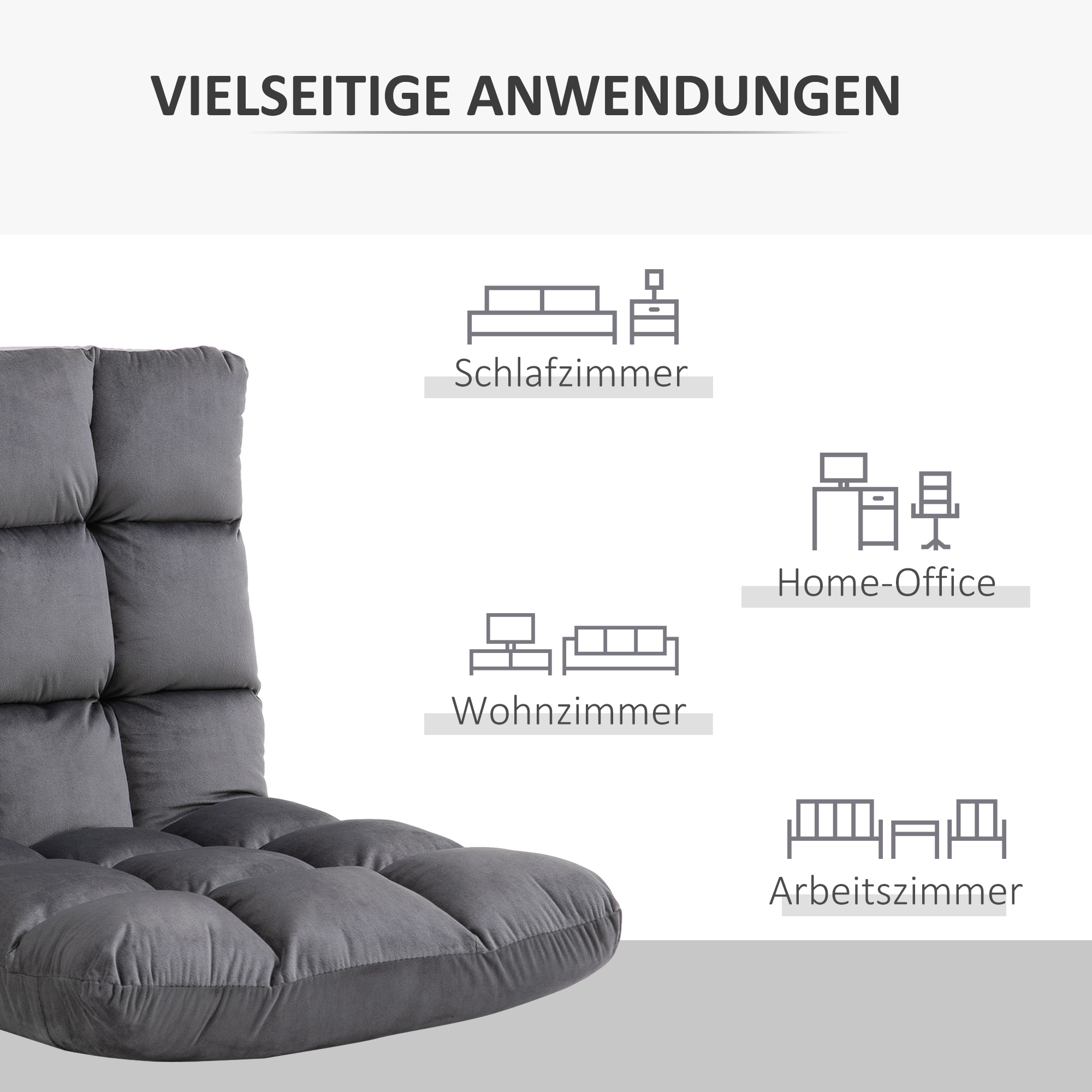 Sessel Gästematratze Bodensessel, verstellbare Rückenlehne, Velouroptik, 55 cm x 71 cm x 53,5 cm, Grau