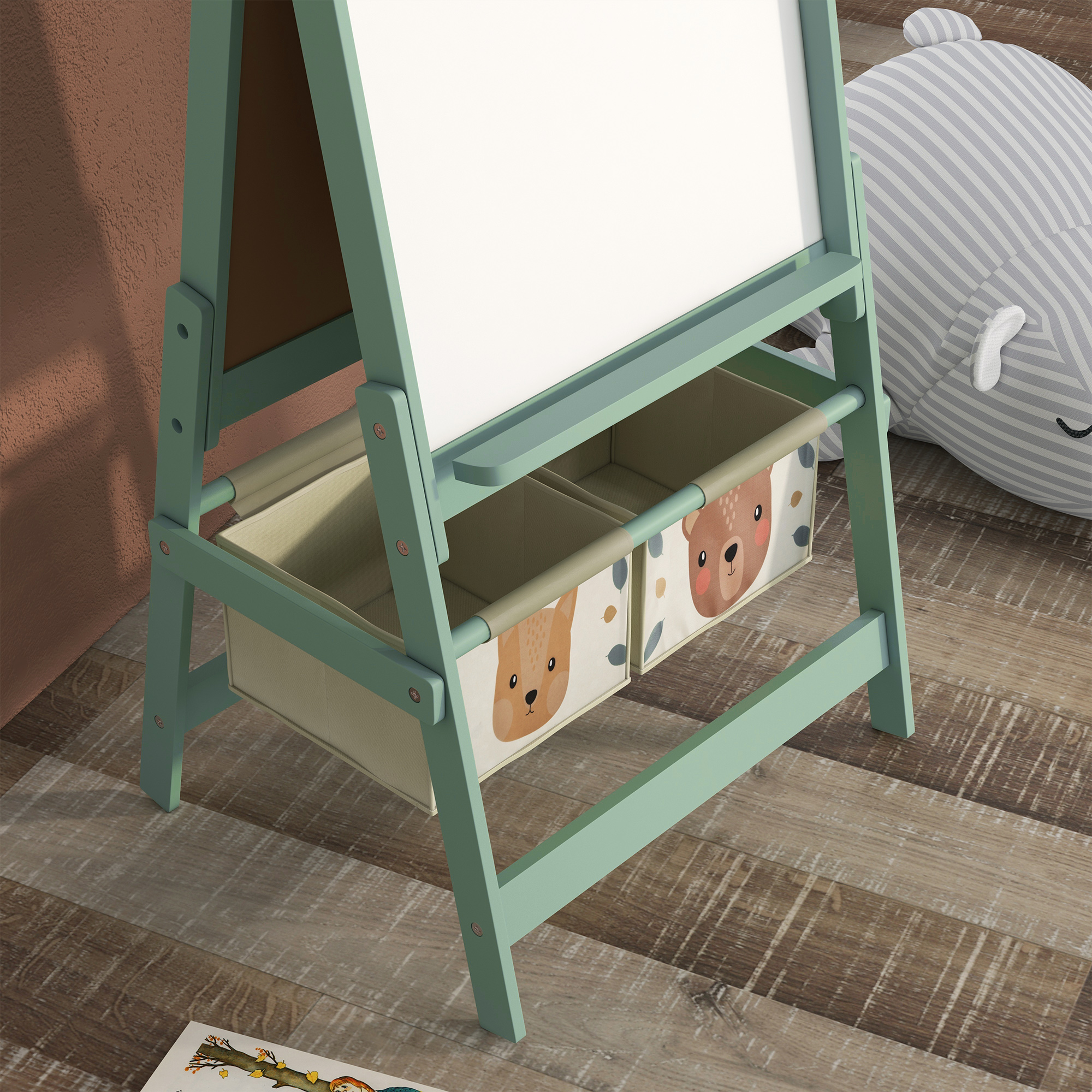 3-in-1 Kinder Staffelei mit Papierrolle, Kreidetafel, Whiteboard, Aufbewahrungskörbe, 54 x 46,5 x 93 cm, grün