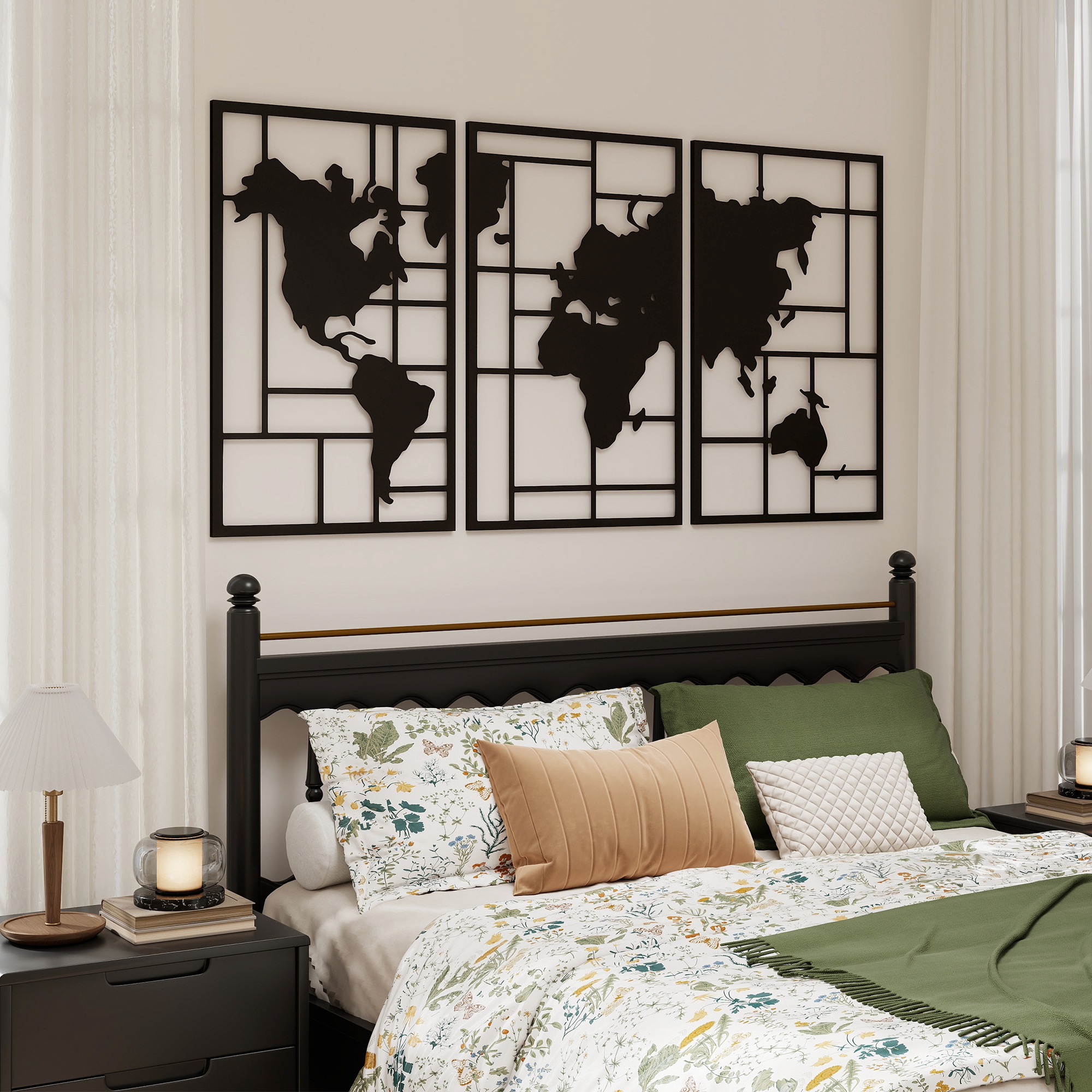 Wanddeko Metall 3 Stück Wanddekoration Weltkarte Wandkunst für Wohnzimmer Schlafzimmer Flur, 50 x 80 cm, Schwarz