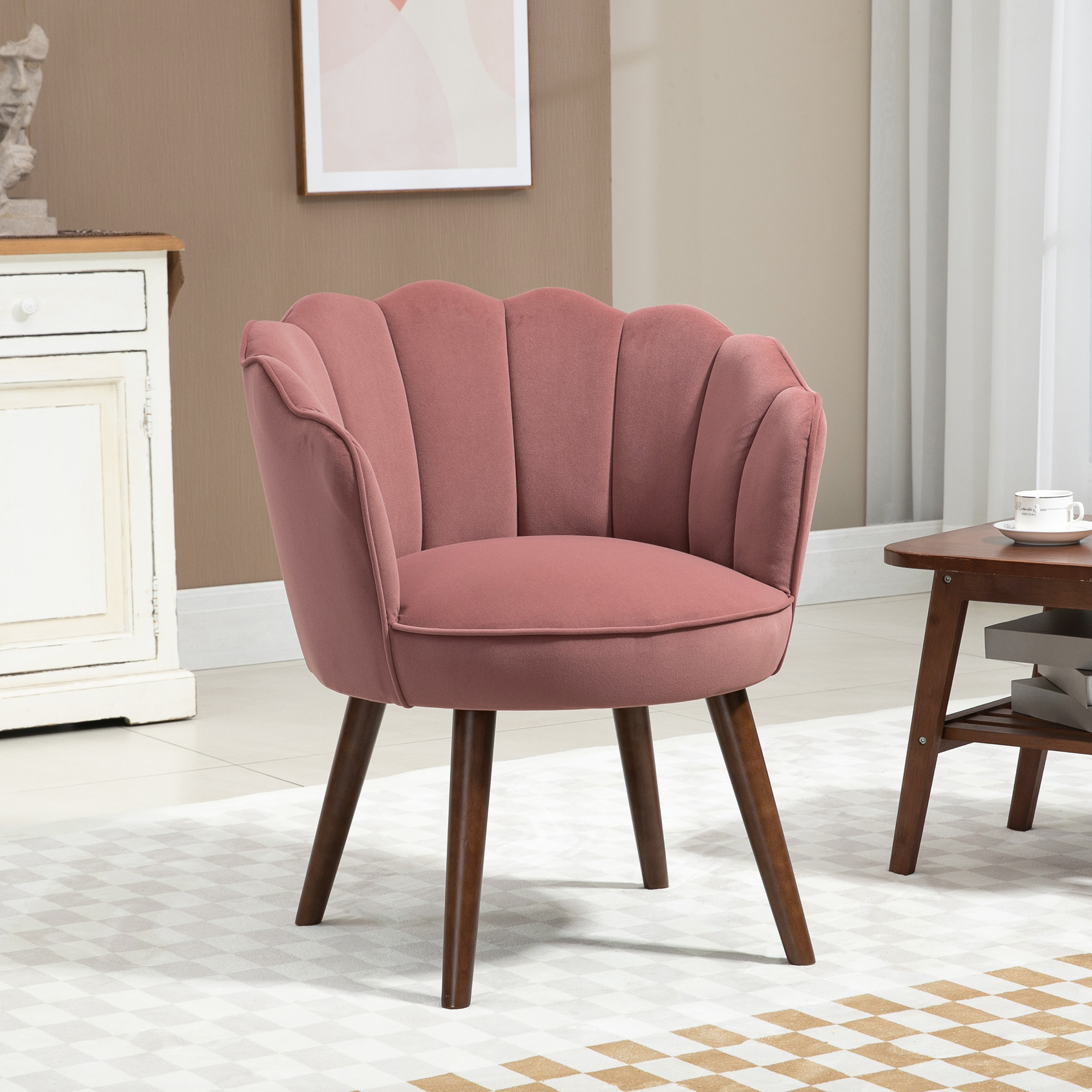 Sessel Wohnzimmer Loungesessel in Muschelform Relaxsessel mit Holzbeine, Polstersessel Lesesessel mit Samtoptik, Polsterstuhl für Schlafzimmer Rosa