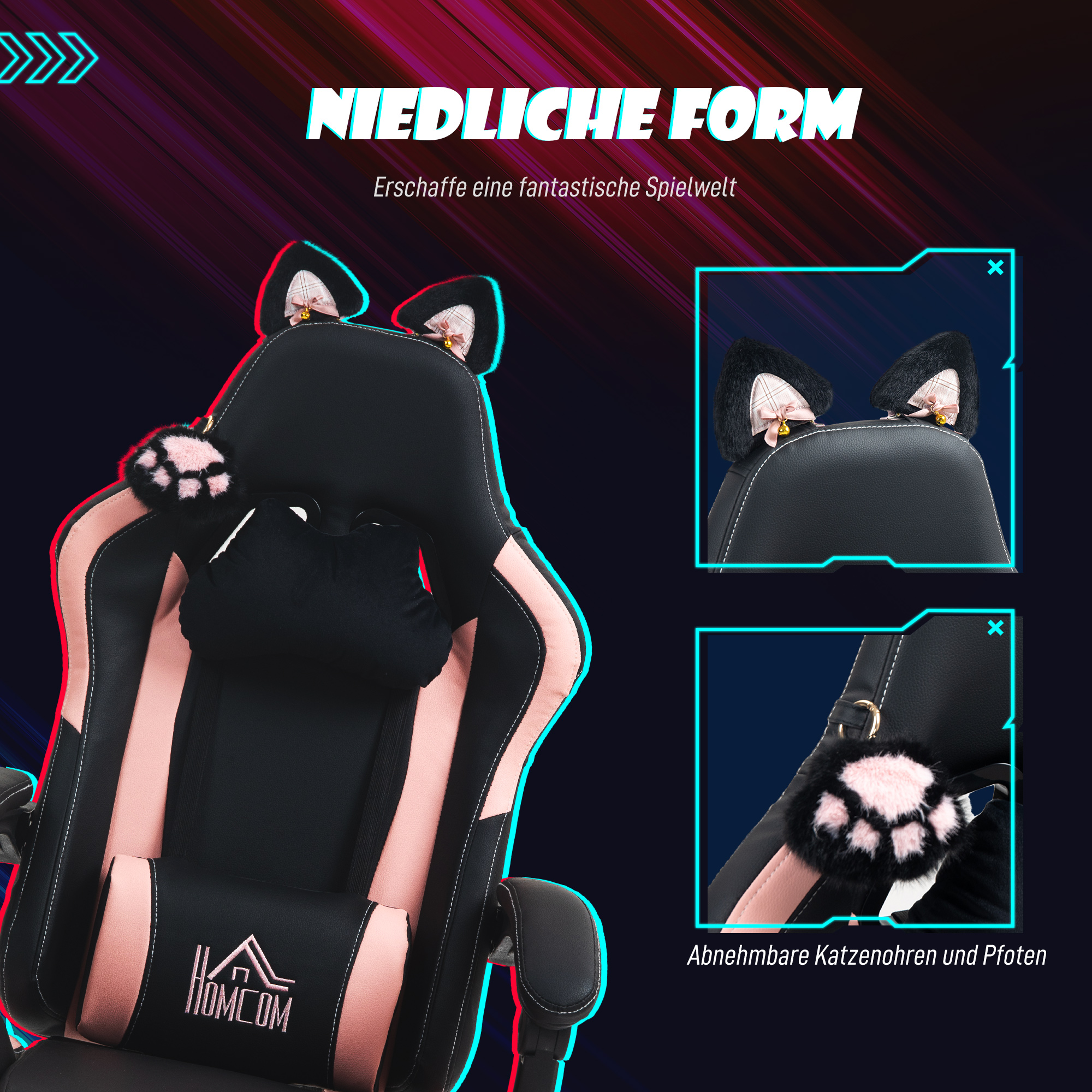 Gaming-Sessel mit Katzenohren, neigbare Lehne, ausziehbare Fußstütze, bis 120 kg, Rosa/Schwarz