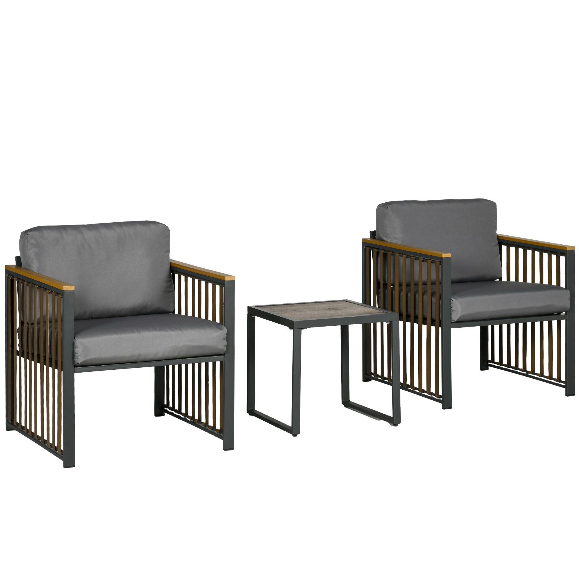 Gartengarnitur, 3-teilig, inkl, Sitzkissen, Holzdekor, rostfreier Metallrahmen, Grau Gartengarnitur, 3-teilig, inkl, Sitzkissen, Holzdekor, rostfreier Metallrahmen, Grau