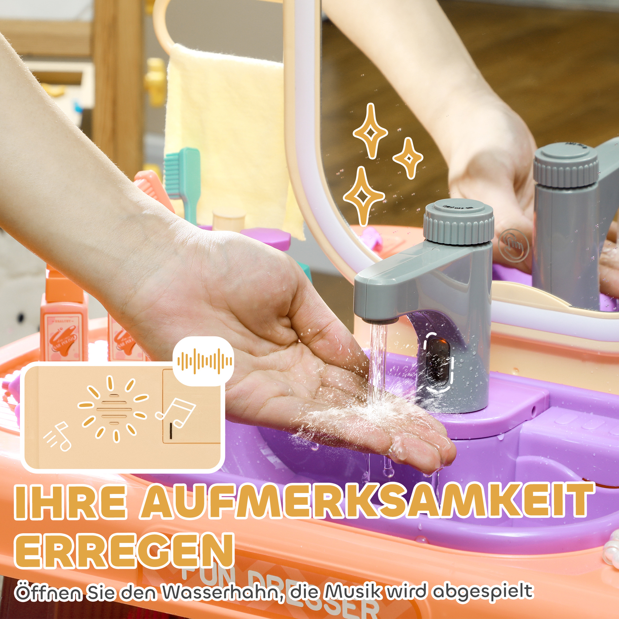 Kinderfrisiertisch mit LED-Spiegel, Musik, Wasserhahn, Acrylspiegel, Lila, 55x29x71 cm