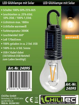 Solar LED Glühlampe mit Akku "CT-KL3" / mit Haken / Karabiner, 3000k / Warmweiß
