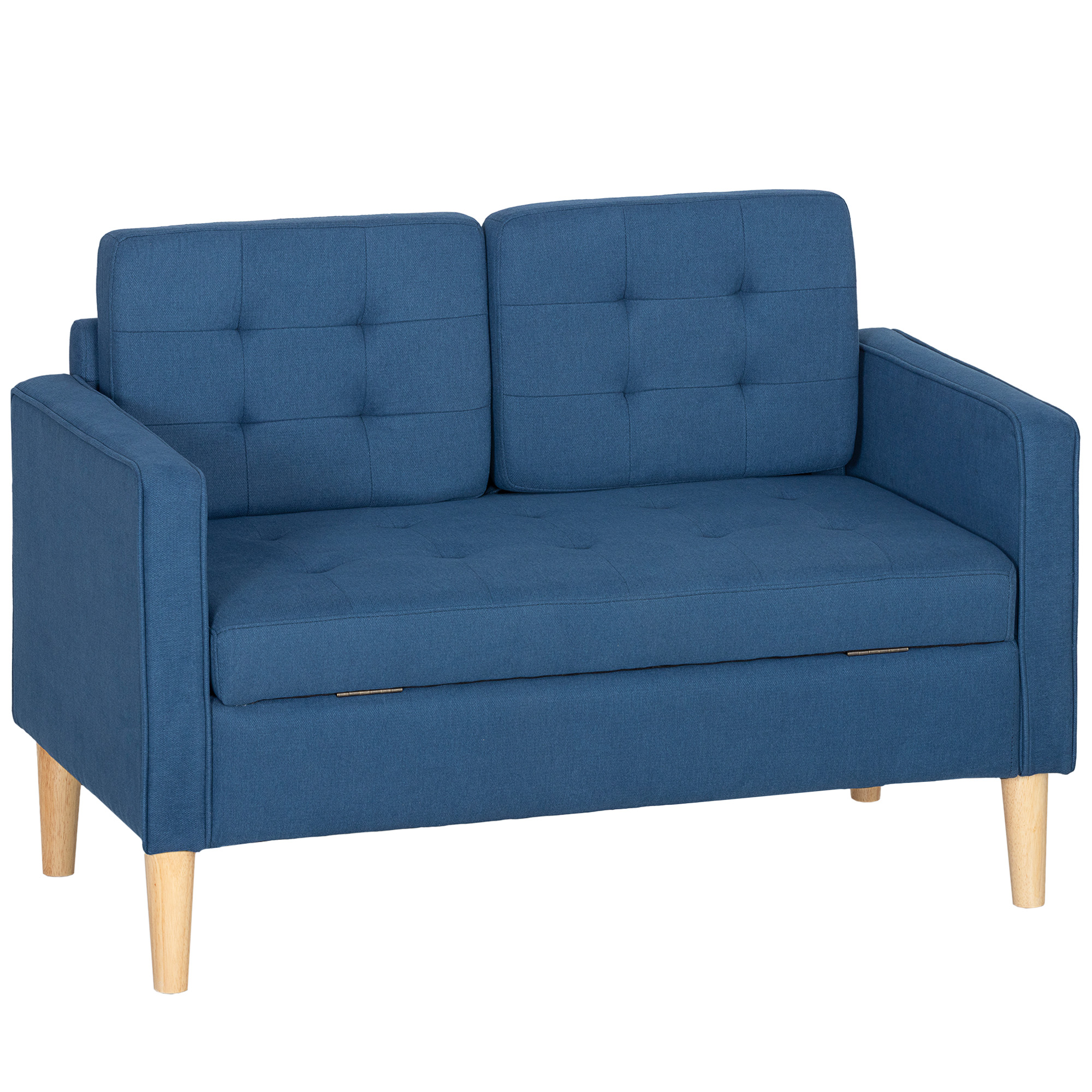 Zweisitzer-Sofa mit Stauraum, Knopfheftung, Kissen, Kautschukbaumholz, 117x62x78cm, Blau Zweisitzer-Sofa mit Stauraum, Knopfheftung, Kissen, Kautschukbaumholz, 117x62x78cm, Blau